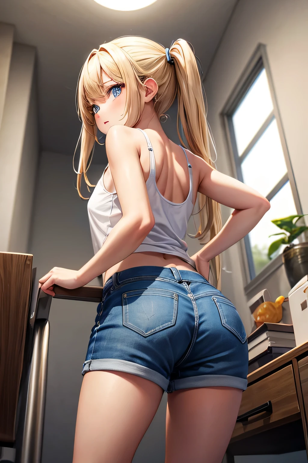 Rear view、Tank top、shorts、Beautiful Girl Magician、blonde twintails、((whole body))、(((photo taken from below)))、room