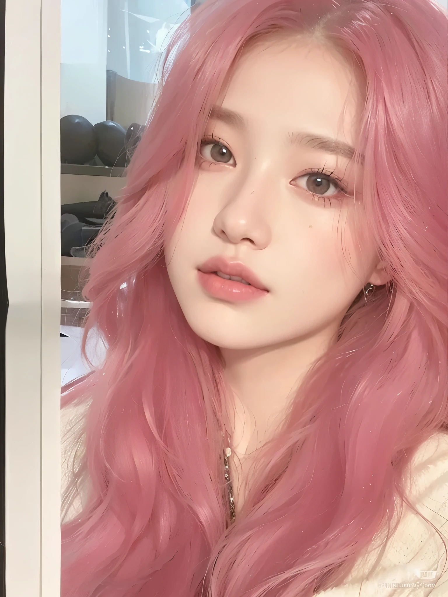 a close up of a person com cabelo rosa and a white shirt, cabelo liso rosa, com cabelo rosa, Ulzzang, maquiagem sul-coreana popular, Flowing pink hair, maquiagem coreana popular, glowing cara rosa, cara rosa, tom de pele rosa pastel, Rosa, parque roseanne de blackpink, retrato de jisoo blackpink, jossi do blackpink, long Flowing pink hair, tom rosa