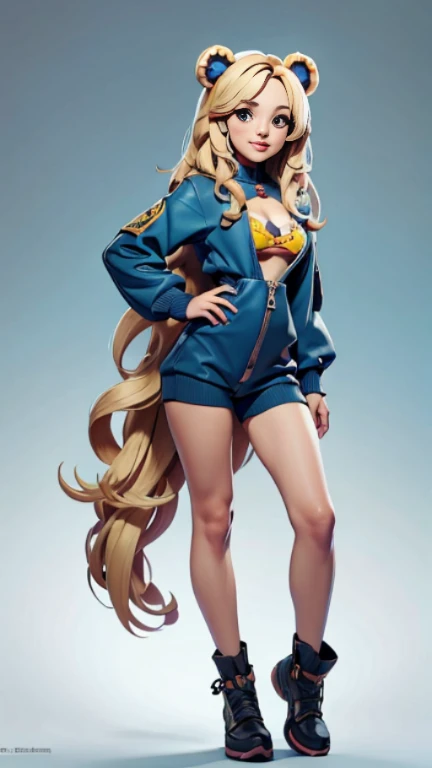 A blonde girl wearing a bear costume with the front zipper open、In underwear with small breasts、(((full body portrait))), (masterpiece), (highest quality), (Super detailed)、Standing in an amusement park、 cute core clown core