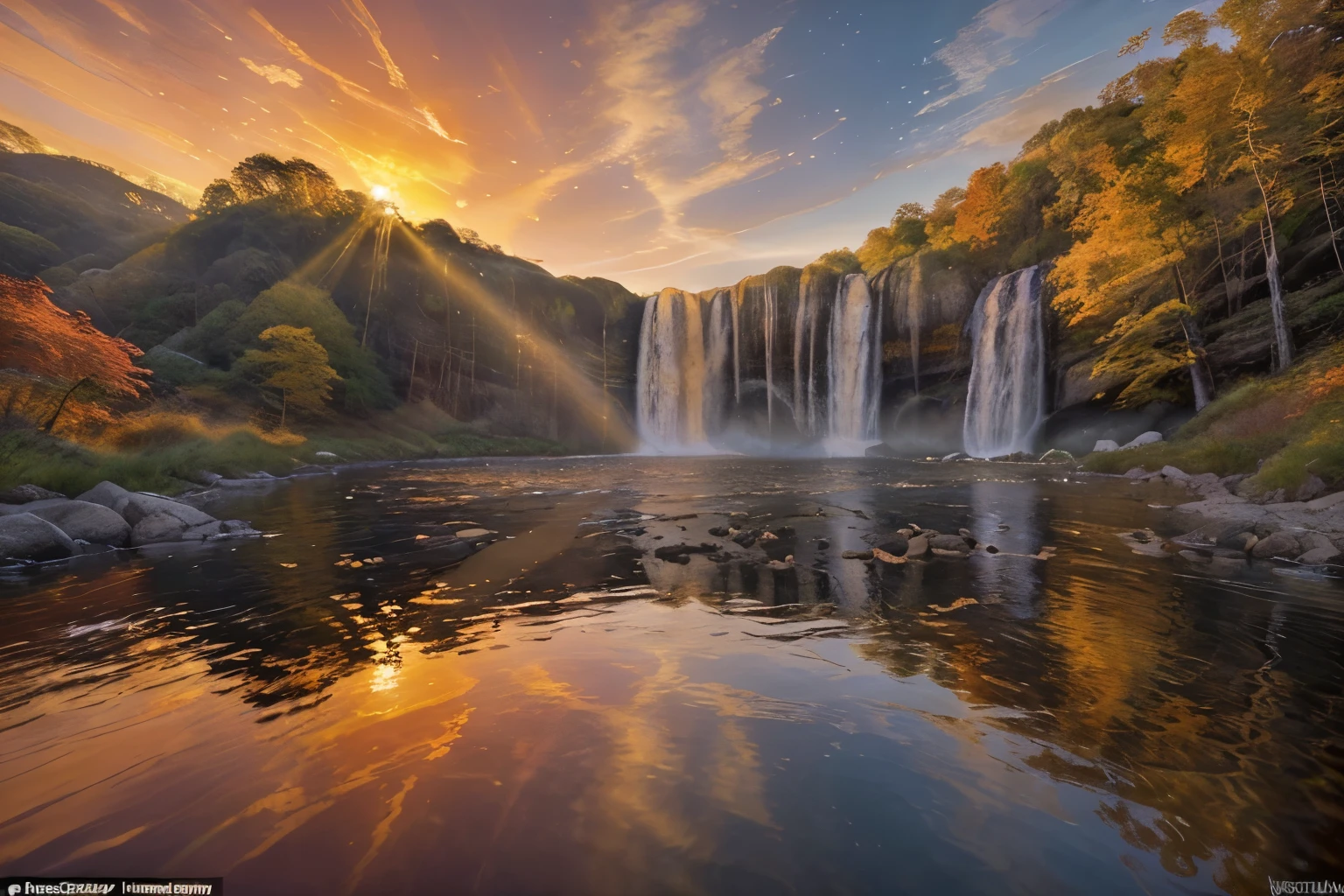 A breathtaking sunrise adorns a cascading waterfall, with colors that burst forth in a radiant display of splendor. The sun's golden rays dance upon the rushing water, casting a warm glow over the surrounding landscape. This picturesque scene, captured in a stunning photograph, captures the perfect moment of nature's beauty. Vibrant hues of orange, pink, and purple paint the sky, reflecting off the water's surface in a mesmerizing way. The overall composition is impeccable, evoking a sense of tranquility and awe in the viewer.