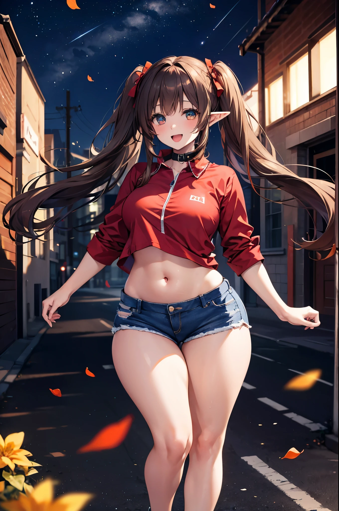 realistic image, coherent image, detailed image, 1 beautiful elf. She has brown hair, long hair with two pigtails. Scarlet eyes, long eyelashes. Her face is oval and delicate. smiling with open mouth. She is wearing a traditional red shirt, with a tangerine collar, showing her navel, jean shorts, sneakers, she has a curvy body, medium breasts and thick thighs. Urban background. starry night, flower petals falling. natural lighting in front, volumetric lighting