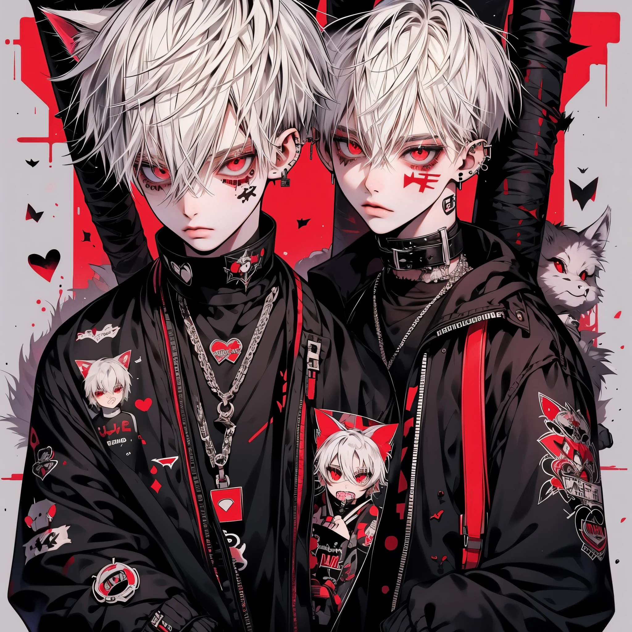 Punk rock emo man, Neko, wolf boy, platinum white hair, tattoo sleeves and piercings, Red eyes, slender, skinny, short,  Harajuku-inspired punk clothes, no twins, one person