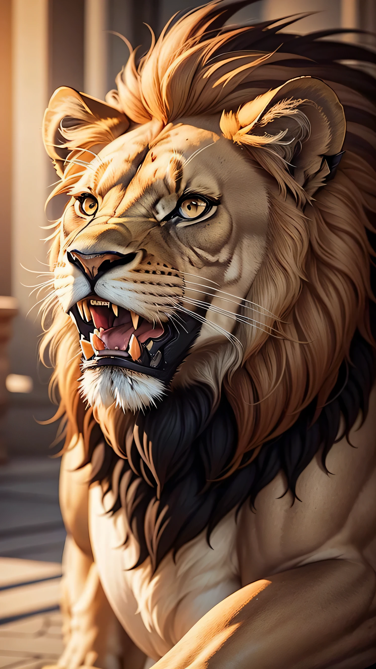 a lion facing forward and with an open mouth