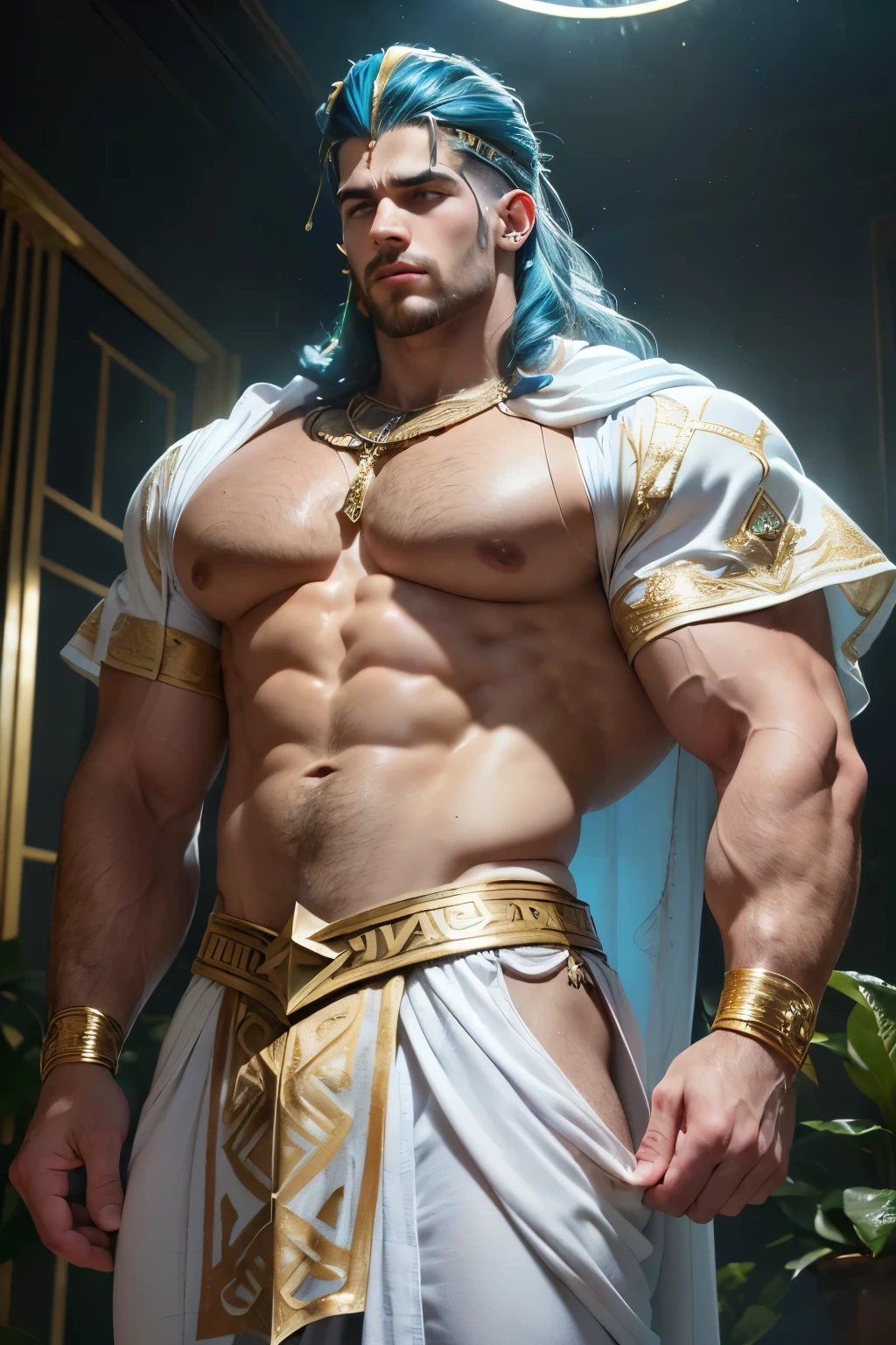 (Obra maestra)), ((Mejor calidad:1.2)), high resolution, 8K, (ultra_realista:1.3), (photorealista:1.4), (Plantilla de Instagram, elegante:1.2), ((Zeusculous God with an incredibly huge bodybuilder shape, Zeus tiene un rostro imponente y majestuoso, con ojos profundos y penetrantes que parecen (chispear con electricidad), una boca ancha y seria, and proportionate ears with well-defined lobes. Posee una nariz recta y prominente. Su cabello es largo, ondulado y oscuro, con (destellos dorados), fluyendo en mechones sobre sus hombros y espalda. His body is muscular and athletic., con una postura erguida que denota confianza y autoridad. Suele llevar largo, flowy tunics embellished with gold details., con colores predominantes de blanco, dorado y azul. Las texturas de su vestimenta son suaves y fluidas, evocando elegancia y nobleza. En cuanto a medidas, se le describe como un ser de estatura imponente, surpassing in height the other gods and mortals.