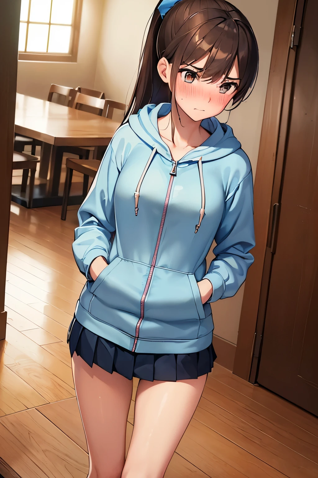 ((best quality)), ((masterpiece)), (detailed), (((perfect face))), ((slender 16yo teenage girl removing hoodie)), ((((light blue zip hoodie)))), (((dark blue pleated skirt))), ((medium breasts)), (((undressing))), (((brunette, brown hair))), ((ponytail)), ((((topless)))), ((shy:1.3)), ((blushing:1.5)), ((slender thighs)), ((slender hips)), (((standing in dining room))), (((wooden floorboards))), (((girl looking away))), (((slender legs))), (((hoodie unzipped))), (((hands opening hoodie)))