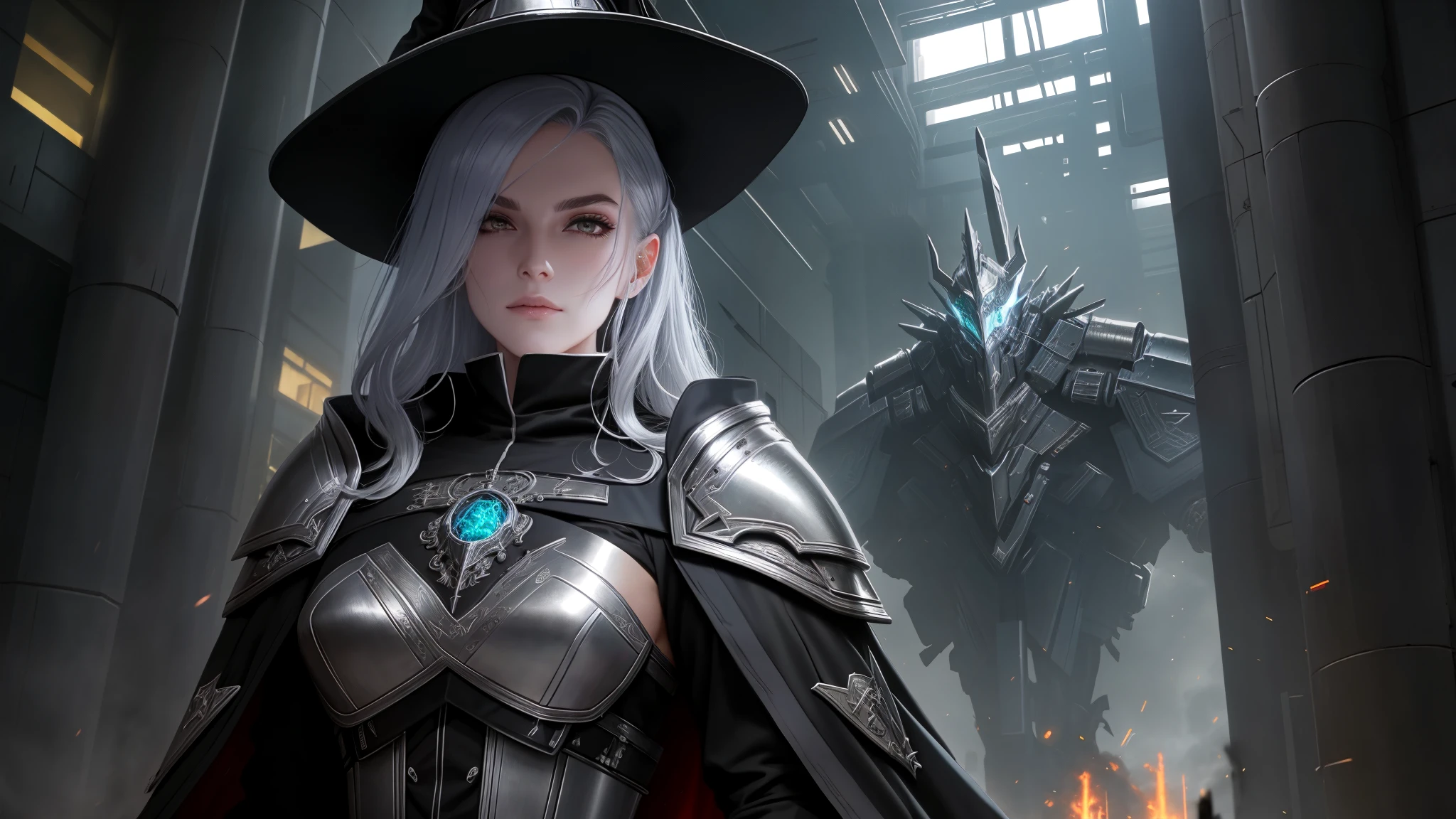 Wearing silver heavy armor,RF KTR_TechnoTrex,cyberpunk (witch:1.2) Cast spells while wearing armor, robe, cape, Fusing fantasy and science fiction together, techno-mancer inspired by d&d, shadowrun, Forgotten territory, Sword Coast Wizard, Fantasy flying,fc portrait 