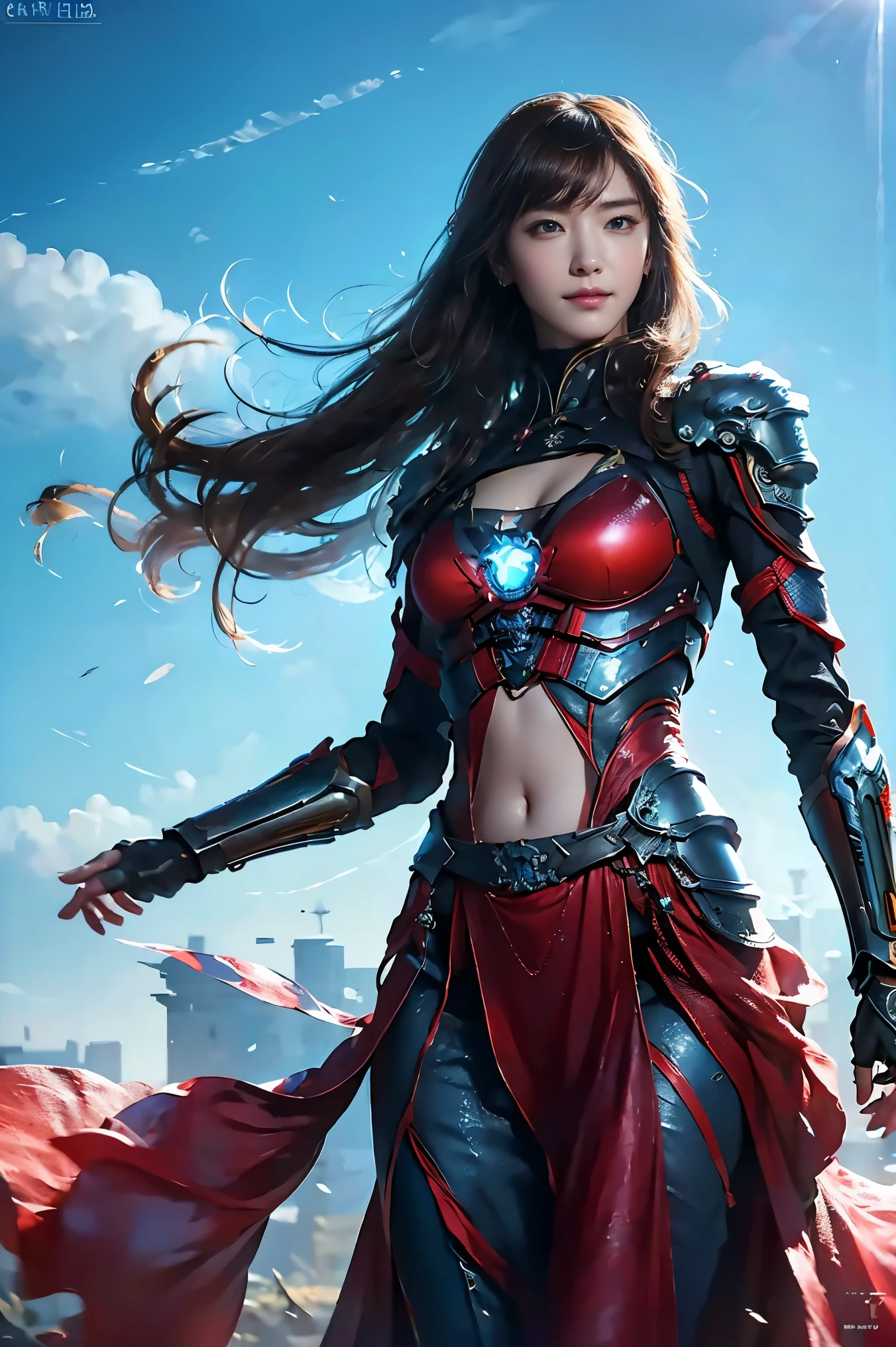 ((Best quality, 8k, RAW photo, Masterpiece :1.3)), (realistic、Photoreal:1.37)、Super detailed、super high resolution, (professional lighting), alone, 1 woman, solo, see the beholder, (30 years old), , beautiful and detailed face, happy smile, narrow, shining eyes, (slim waist :1.3), Fine and beautiful skin, skin texture, professional lighting, as a whole human body,(Combination of cyberpunk and fantasy style),(female soldier),25 year old woman,Japanese、(short bob hair, brown hair),(beautiful hair), brown eyes、small breasts,(red eye chest), accessories,finished the battle、smile,elegant and attractive,Calm,goddess、(Combining cyberpunk and fantasy style clothing,openwork design,joint armor),Feet exposed, Raw skin exposed in cleavage, Battle uniform navel pose,photo pose,realistic style,blue world background,oc rendering reflection texture,View Camera, ((sky seen from below:1.2)),((looking down:1.2)),looking at viewer, look at viewer,  lighting forward , lighting front,