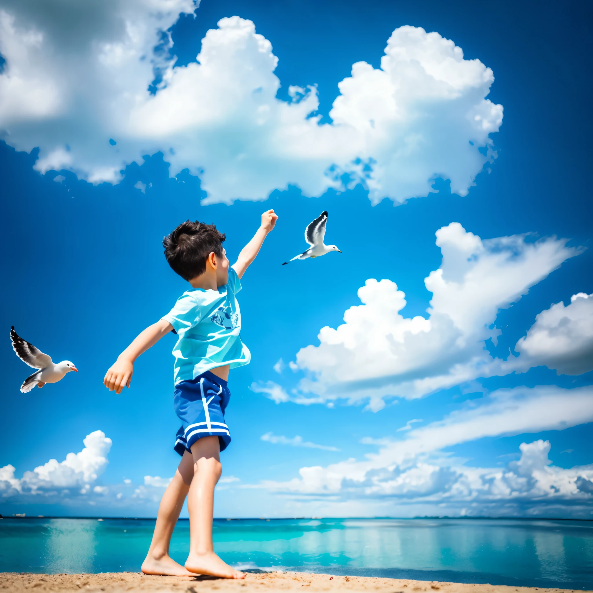 Realistic, detailed drawing, smiling and looking at a plane in the sky. Sunny day, Tank top, Japanese boy, Birds flying. Time passes too fast. Masterpiece
