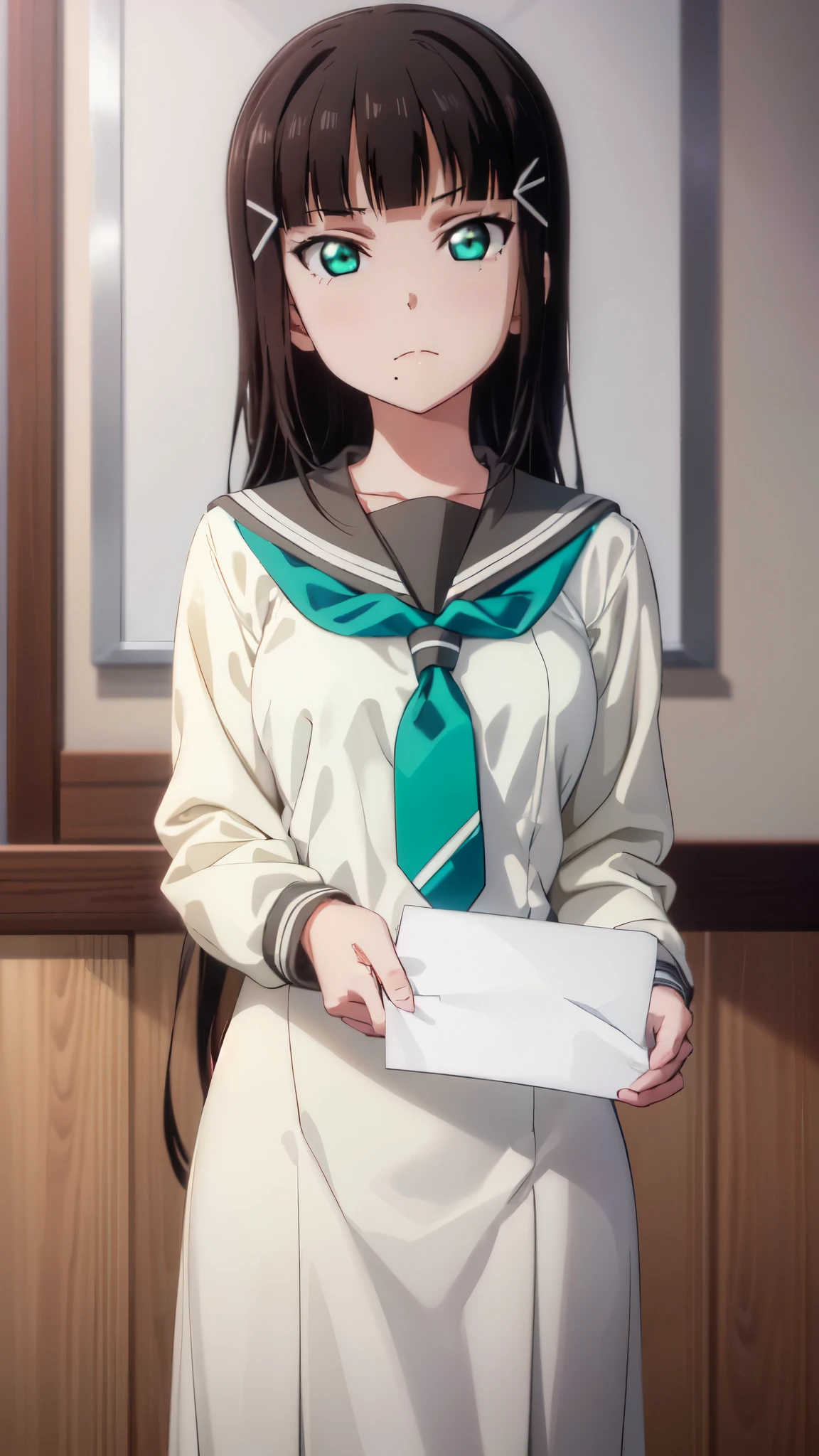 (((pixel-perfect, detail-perfect))), solo, 1girl, dia kurosawa, uranohoshi school uniform, looking at viewer, closed mouth. Upper body, girl, (holding a blank paper viewing it to the viewer: 1.5)