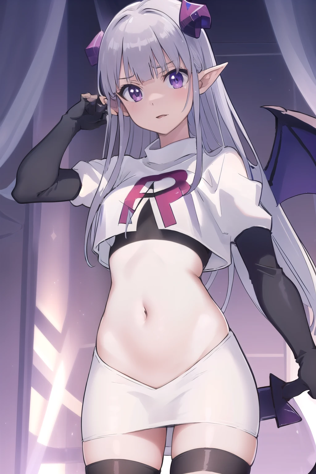 (masterpiece, best quality:1.2),illustration,8k,hd,1girl,solo,pointy ears,long hair,purple eyes,bangs,blunt bangs,navel,breasts,demon wings,hair ornament,demon tail,team rocket,team rocket uniform,white skirt,crop top,black thigh-highs,black elbow gloves,