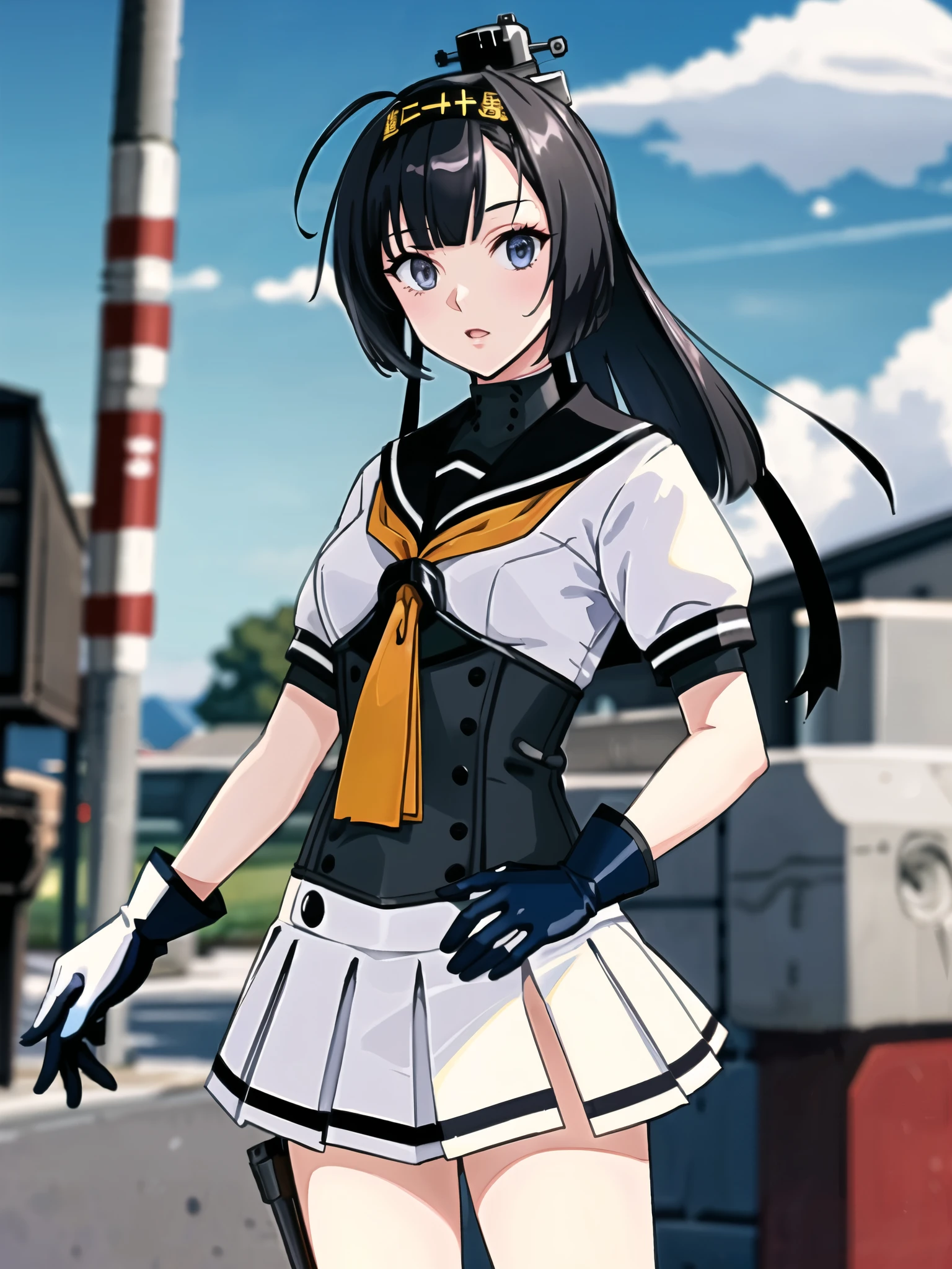 Qiuyue \(KanColle\), 1 girl, skirt, gloves, head band, school uniform, sailor collar, serafuku, neckerchief, pleated skirt, null, white skirt, Day, cloud, corset, blue null, cowboy shot, alone, write clothes, multicolored gloves, mechanical, outdoors, black sailor collar, white gloves, black head band, blurry, yellow neckerchief, gray eyes, Ahoge, rigging, chest, original, intricate details, figure, masterpiece, Highly detailed CG Unity 8k wallpaper, highlight, sharpen, dynamic, 
