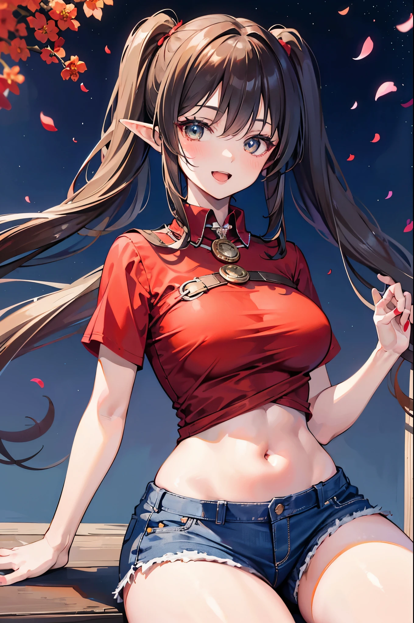 realistic image, coherent image, detailed image, 1 beautiful elf. She has brown hair, long hair with two pigtails. Scarlet eyes, long eyelashes. Her face is oval and delicate. smiling with open mouth. She is wearing a traditional red shirt, with a tangerine collar, showing her navel, jean shorts, sneakers, she has a curvy body, medium breasts and thick thighs. Urban background. starry night, flower petals falling. natural lighting in front, volumetric lighting