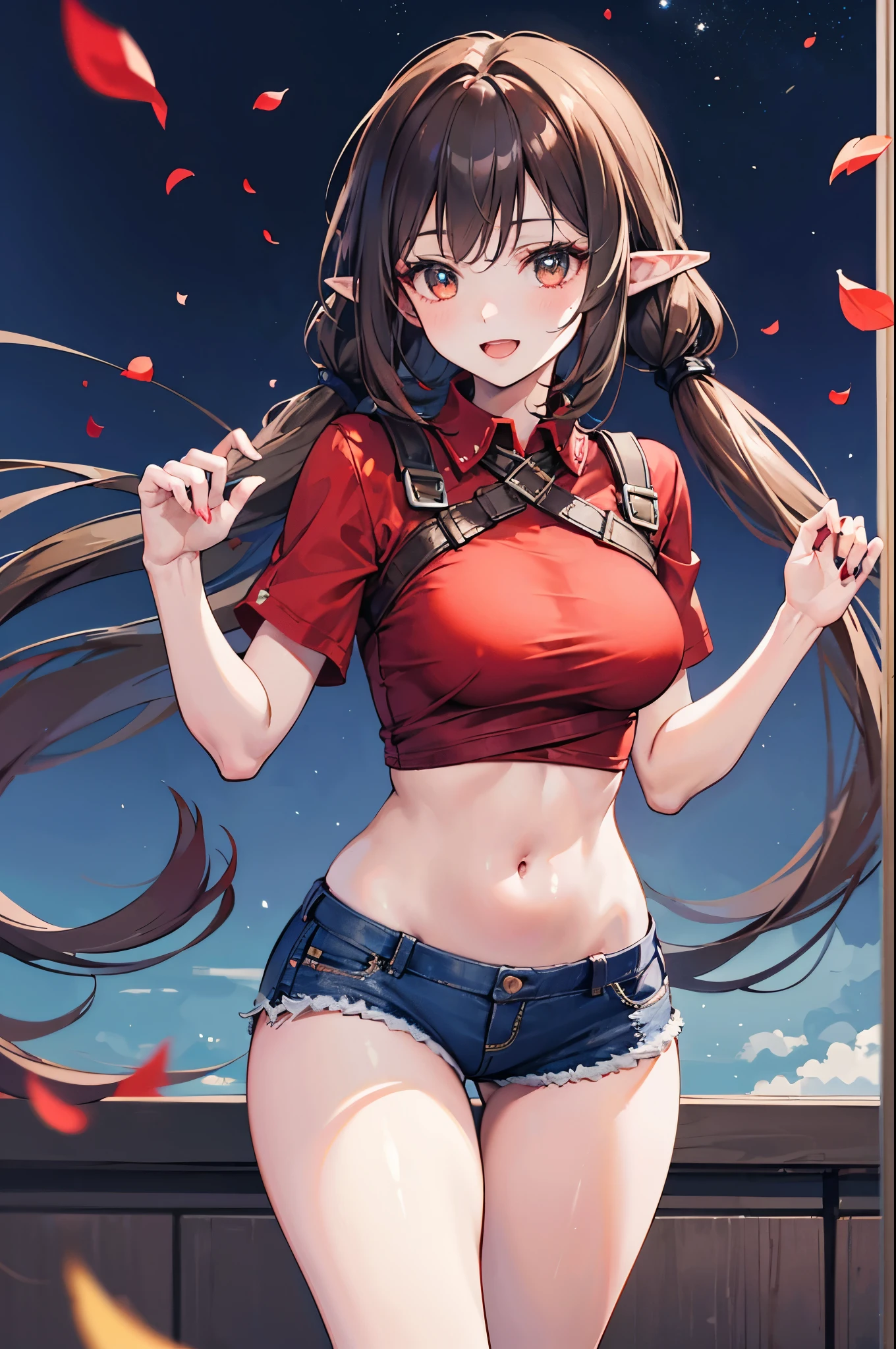 realistic image, coherent image, detailed image, 1 beautiful elf. She has brown hair, long hair with two pigtails. Scarlet eyes, long eyelashes. Her face is oval and delicate. smiling with open mouth. She is wearing a traditional red shirt, with a tangerine collar, showing her navel, jean shorts, sneakers, she has a curvy body, medium breasts and thick thighs. Urban background. starry night, flower petals falling. natural lighting in front, volumetric lighting