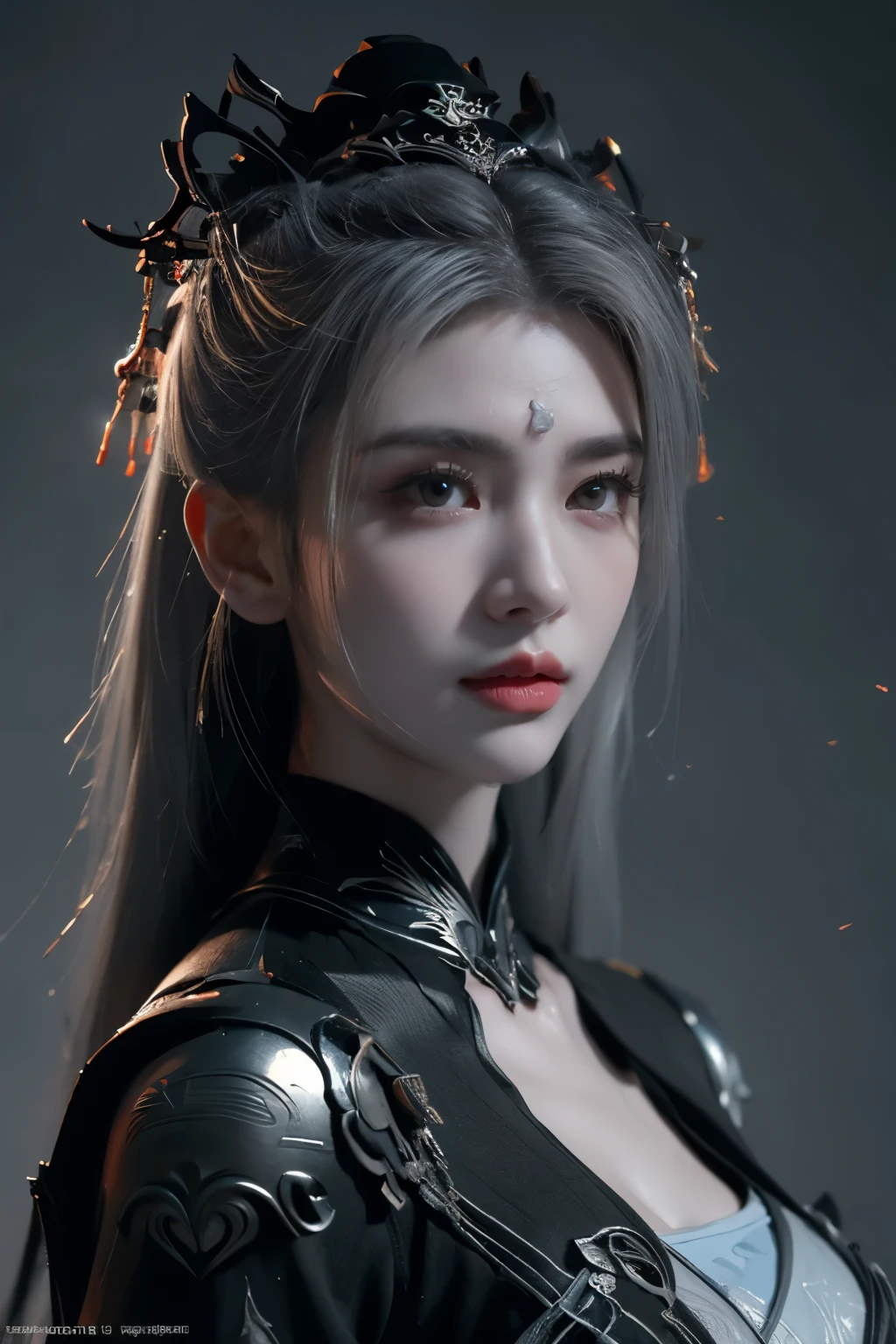 Masterpiece,Game art,The best picture quality,Highest resolution,8K,(Portrait),Unreal Engine 5 rendering works,(Digital Photography),((Portrait Feature:1.5)),
20 year old girl,Short hair details,With long bangs,(The red eye makeup is very meticulous),(With long gray hair:1.4),(Large, full breasts),Elegant and noble,Brave and charming,
(Future armor combined with the characteristics of ancient Chinese armor,Hollow design,Power Armor,The mysterious Eastern runes,A delicate dress pattern,A flash of magic),Warrior of the future,Cyberpunk figures,Background of war,
Movie lights，Ray tracing，Game CG，((3D Unreal Engine))，OC rendering reflection pattern