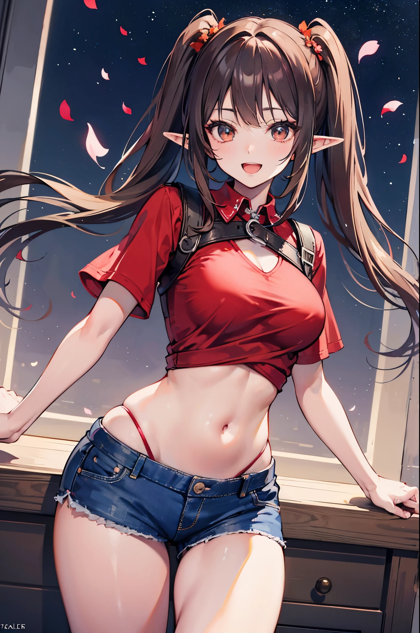 realistic image, coherent image, detailed image, 1 beautiful elf. She has brown hair, long hair with two pigtails. Scarlet eyes, long eyelashes. Her face is oval and delicate. smiling with open mouth. She is wearing a traditional red shirt, with a tangerine collar, showing her navel, jean shorts, sneakers, she has a curvy body, medium breasts and thick thighs. Urban background. starry night, flower petals falling. natural lighting in front, volumetric lighting