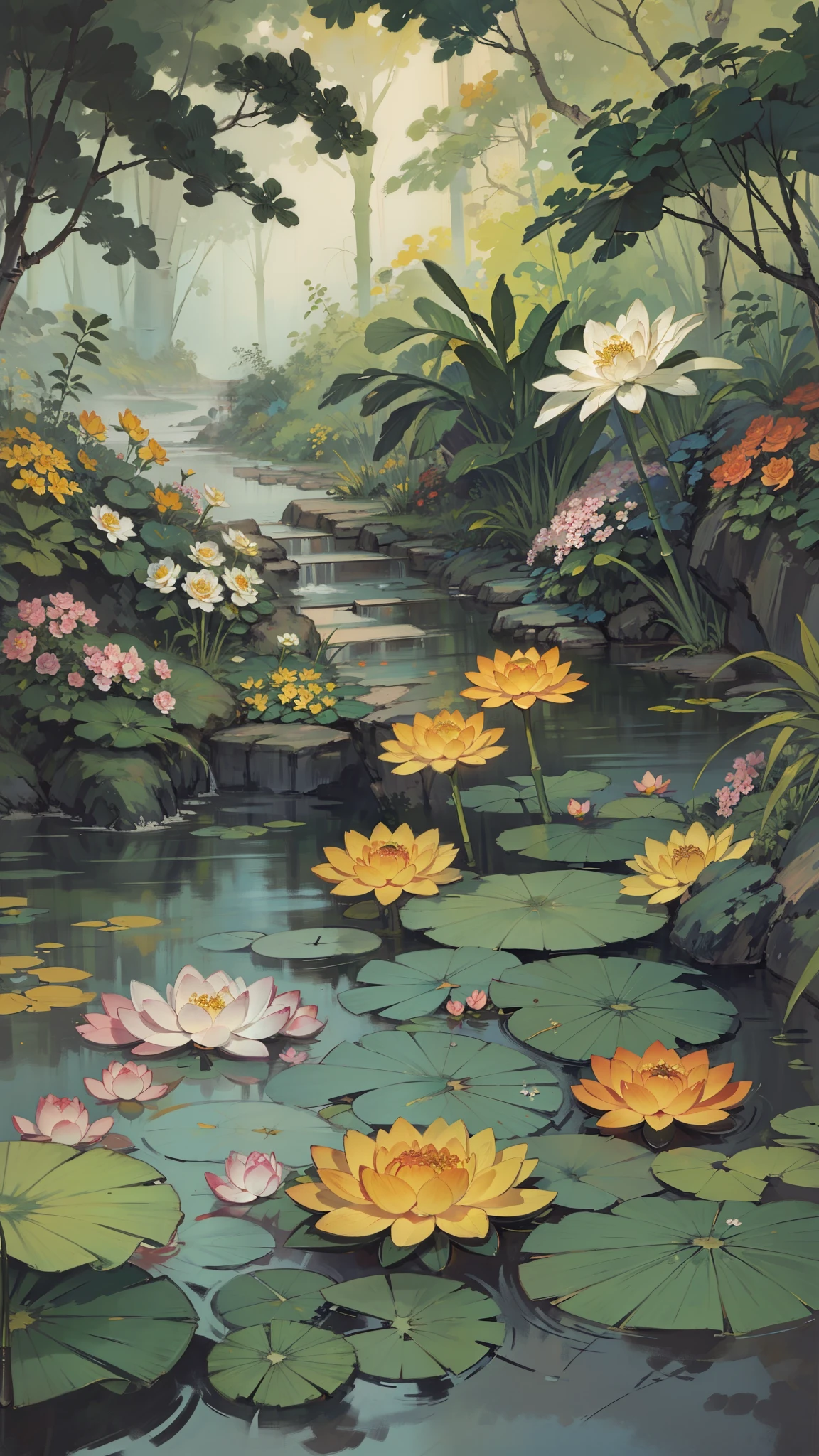 ((best quality, masterpiece: 1.2)), CG, 8k, intricate details, perspective, (no one around), (Ancient Chinese gardens), pond filled with lotus flowers, rock, flowers, bamboo forest, Fall, wooded areas, Small bridge across gurgling stream, detailed foliage and flowers, (the sun shines, Sparkling waves), Peaceful and tranquil atmosphere, ((Soft and elegant colors)), ((Finely crafted compositions))