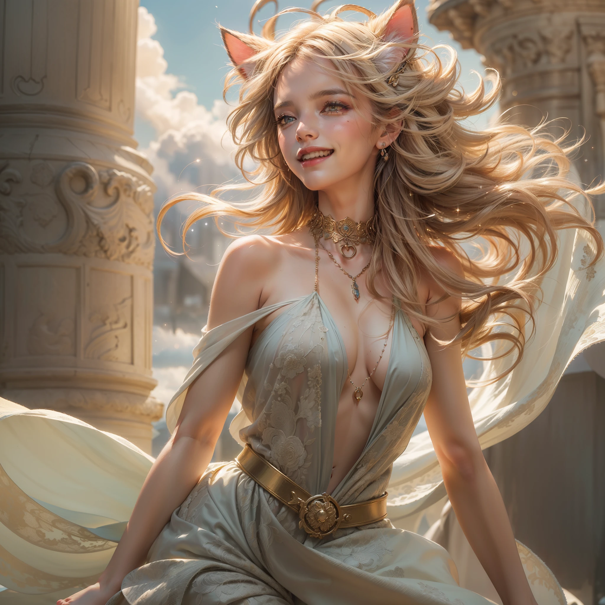 ((cat ears on head:1.5)), (Numerous award-winning masterpiece, incredibly detailed, textured and maximally detailed), (full body standing image:1.9), (surrealistic:1.4), (stunning anatomically perfect and beautiful style:1.9), top qualityreal texture skin, (accurate, perfect circles, symmetrical eyes), detailed face, ((medieval world)), ((sylphid, wind spirit in the sky)), (elegant dress dancing in the wind is elaborately finished in every detail.(The smile of liberated joy on her mouth:1.8), (Clear eyes full of joy:1.5), (Full body standing image:1.9), (Use the magic of the graceful wind:1.7), (Pure and elegant image:1.6), (Swirling wind and sea of clouds in the background:1.5), (Dramatic light), (Magnificent(Her expression is soft and beautiful.), (magnificent scene), (dramatic light), (magnificent light), (her expression is soft and beautiful.), (her expression is soft and beautiful.)(Dramatic photo:1.4), (Dramatic pose), ((Elegant flying pose)), (Golden hair), (Platinum blonde hair), (Silver hair), (Chestnut hair), Short-cut hair, ((Looking up)), (((looking down)), (around her neck, a simple necklace wrapped with ancient and elaborate workmanship. :1.3)), (aura encircling glistening body:1.6)), (swirling wind:1.4)), old ruins overgrown with vegetation, great temple, cathedral, temple ruins, temple away from temple, (shining magic circle), ruins of ancient castle, desolate ruin, crumbling ruins, ancient ruins with clear water, holy light, magnificent realistic(HDR:1.5), (subdued colors:1.2), highly detailed, cinematic, warm light, dramatic light, (complex details:1.1), complex background, highly detailed, surreal, complex details, painting (artwork), ((masterpiece,top quality)), ((cinematic light)), that's awfulDark Fantasy, Faded, ((Neutral Color)), Art, (Art Station:1.5), Light Effects, (Intricate Detail:1.1), Intricate Background, (Greg Rutkowski:0.8), (Teal and Orange:0.4)