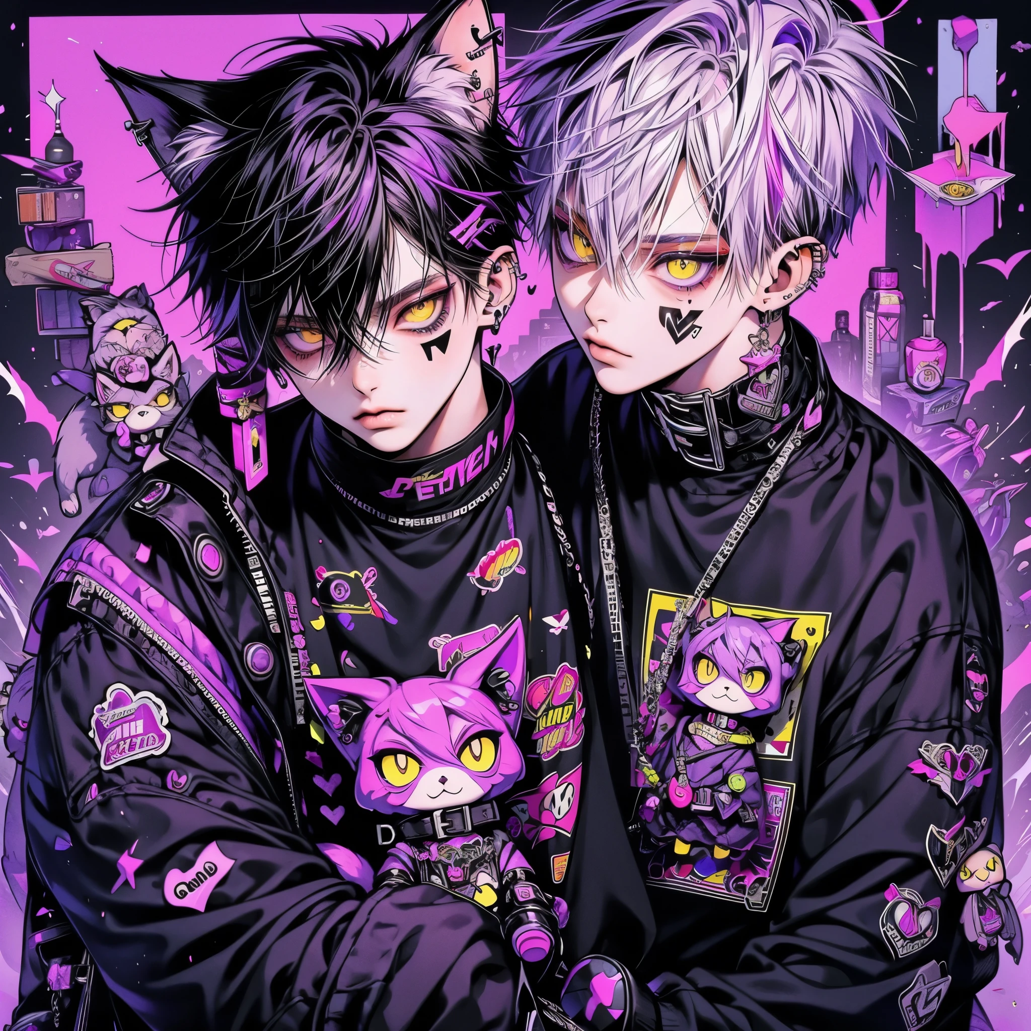 Punk rock emo man, Neko, wolf boy, neon purple hair, tattoo sleeves and piercings, yellow eyes, slender, skinny, short,  Harajuku-inspired punk clothes, no twins, one person