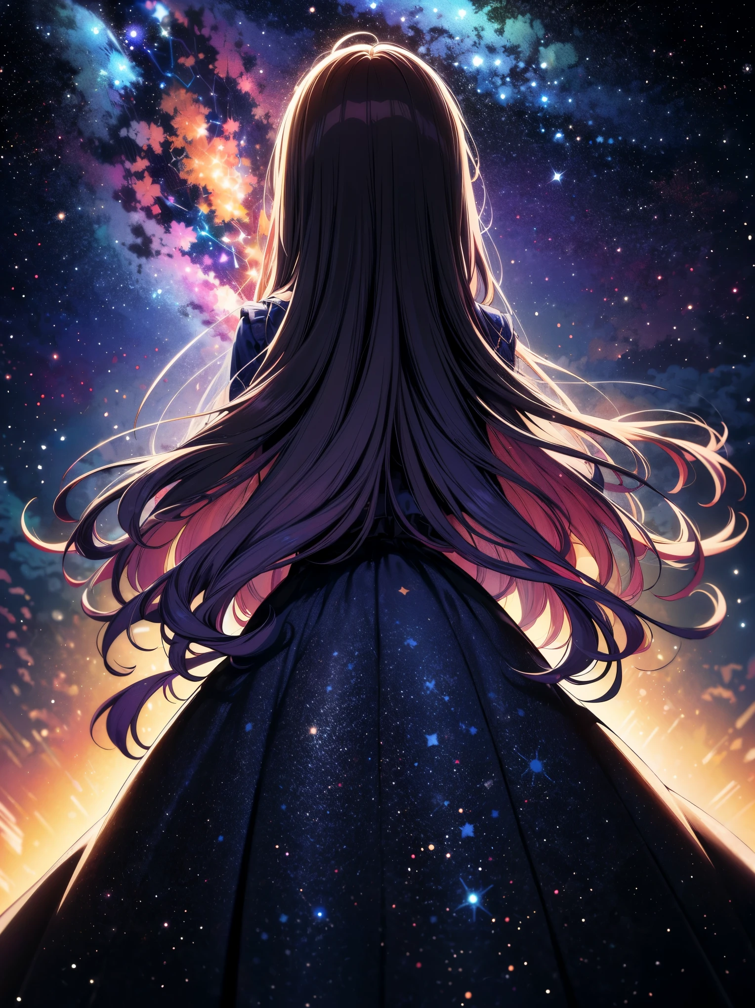 Girl wearing starry dress, The Milky Way stretches to the horizon,Elegant twirl in long skirt,deep indigo and violet shades, A feeling of wonder and vastness of the universe, illustration, oil painting on canvas,