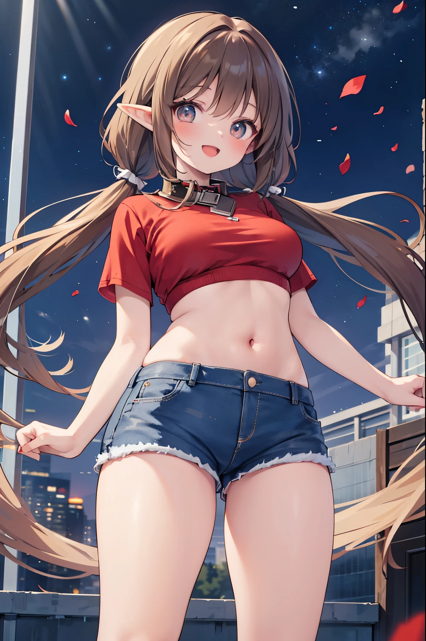 realistic image, coherent image, detailed image, 1 beautiful elf. She has brown hair, long hair with two pigtails. Scarlet eyes, long eyelashes. Her face is oval and delicate. smiling with open mouth. She is wearing a traditional red shirt, with a tangerine collar, showing her navel, jean shorts, sneakers, she has a curvy body, medium breasts and thick thighs. Urban background. starry night, flower petals falling. natural lighting in front, volumetric lighting