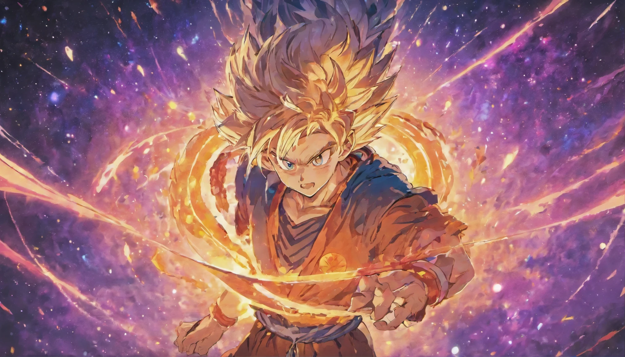 dragon ball, Sun Wukong, anime style, neon circles, against the background of the galaxy