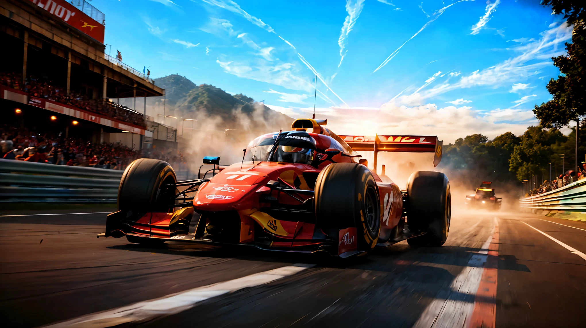 concept:Formula car racing scenery, quality:(最高quality, 4k, High resolution, masterpiece:1.2), Super detailed, (real, photorealistic:1.37), 高qualityのアートワーク, illumination:Bright colors, Bokeh, Dynamic configuration, a powerful sense of movement, Lens flare, The overall dramatic atmosphere of the scene, Subject information:Intense race development, detailed car design, fierce competition, speed and adrenaline, professional racing atmosphere, Other details:dynamic angle, The spectators cheer, powerful engine roar, glossy paint finish, smooth aerodynamic shape, tire marks on truck, A focused and determined driver, iconic racing helmet, dramatic sky, energetic atmosphere, The perfect balance of chaos and precision, thrill of racing, Dynamic configuration, a powerful sense of movement, 背景のBokeh味, 500㎜, f/4.0, photo shoot.