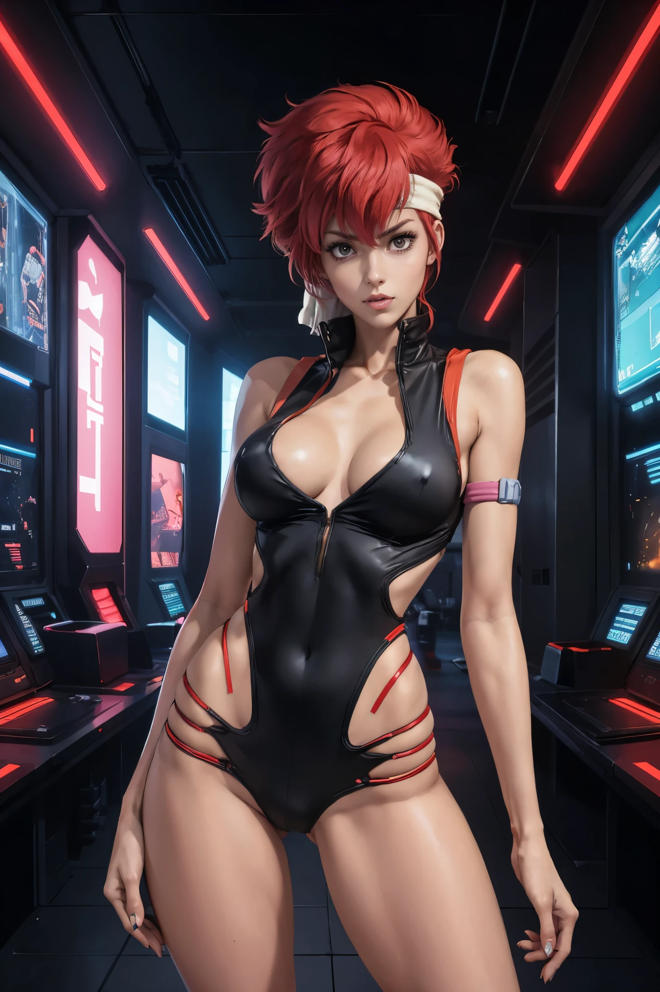 Very skinny Kei from The Dirty Pair, emaciated, wearing a tight outfit, skinny frame, skinny legs, medium breast, red hair beauty, cyberpunk city background, holding retro space-gun, headband, slim waist, very slim thighs, very skinny thighs, very thin thighs, very slender thighs, lanky, thigh gap, thigh gap,