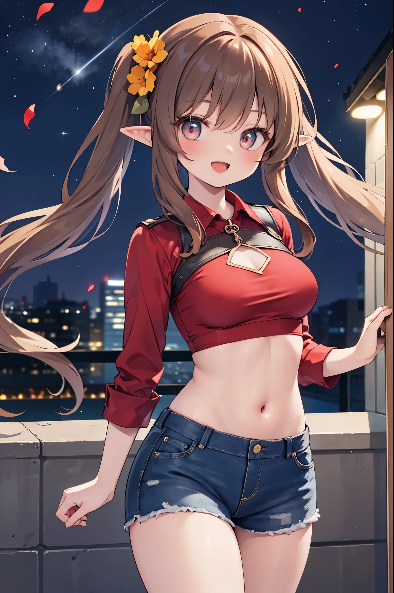 realistic image, coherent image, detailed image, 1 beautiful elf. She has brown hair, long hair with two pigtails. Scarlet eyes, long eyelashes. Her face is oval and delicate. smiling with open mouth. She is wearing a traditional red shirt, with a tangerine collar, showing her navel, jean shorts, sneakers, she has a curvy body, medium breasts and thick thighs. Urban background. starry night, flower petals falling. natural lighting in front, volumetric lighting