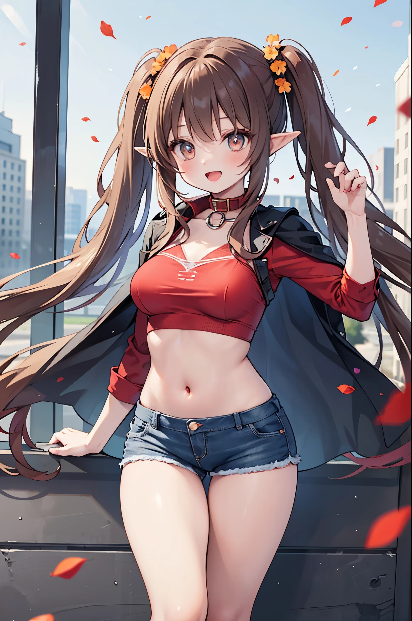 realistic image, coherent image, detailed image, 1 beautiful elf. She has brown hair, long hair with two pigtails. Scarlet eyes, long eyelashes. Her face is oval and delicate. smiling with open mouth. She is wearing a traditional red shirt, with a tangerine collar, showing her navel, jean shorts, sneakers, she has a curvy body, medium breasts and thick thighs. Urban background. starry night, flower petals falling. natural lighting in front, volumetric lighting