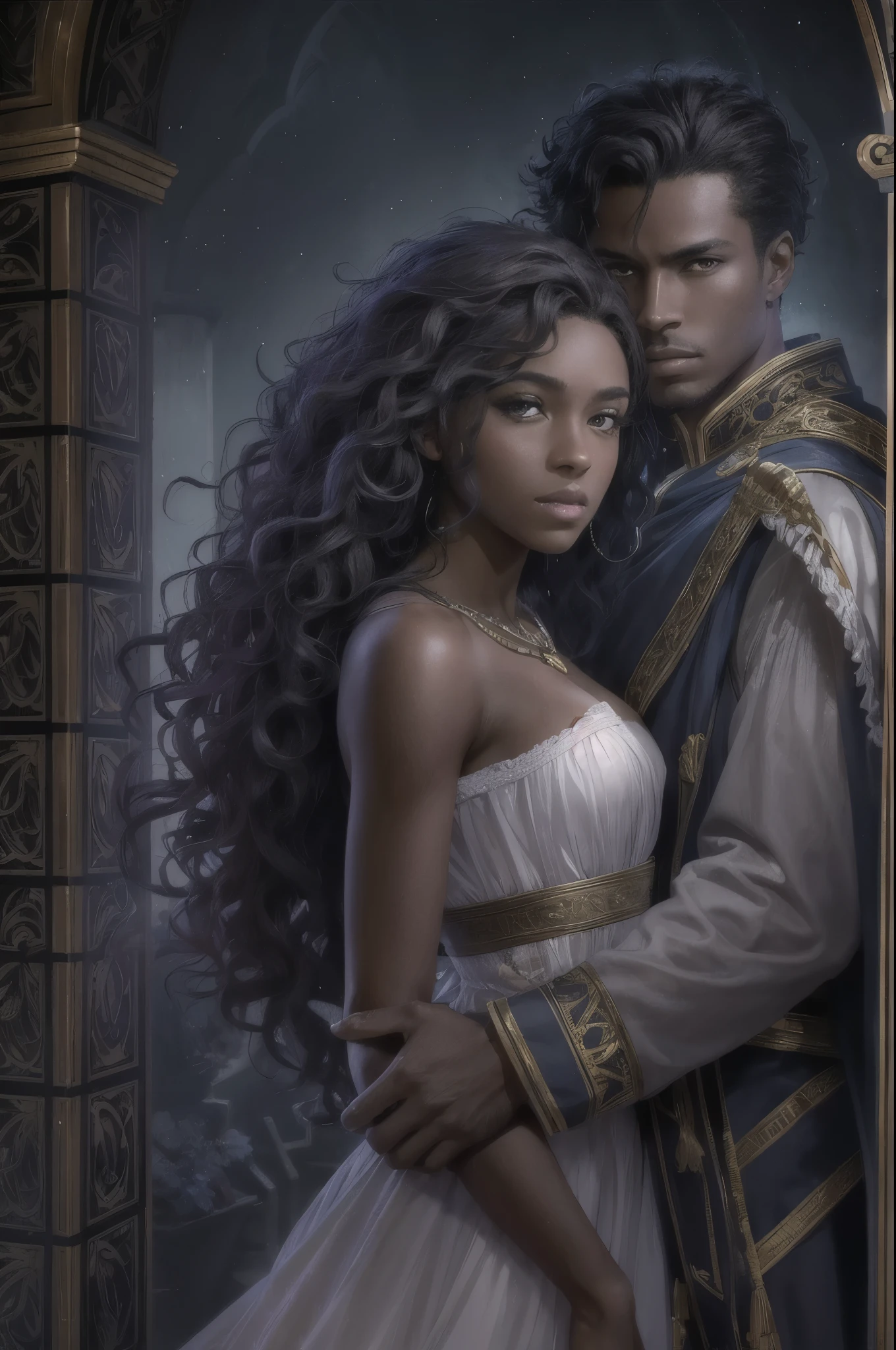 Je veux que tu me fasses une couverture pour un roman Fantasy romance, ces deux personnages sont noirs de peau, dark skin, ils ont 17 ans, ils sont des ennemis, ils veulent s'entretuer, surtout lui, elle, she mainly defends herself but her goal is to save him at all costs too. Le garçon est dark skin, with curly mid-length hair, the girl has long curly hair. They are very beautiful.
extrêmement realistic, coverbook, 8K, realistic.HD, 4K, HD, De vrais visages, Cinematography L'image doit avoir un rapport hauteur/largeur de 1:1.6, et mesurez au moins 2,500 pixels on the longest side.