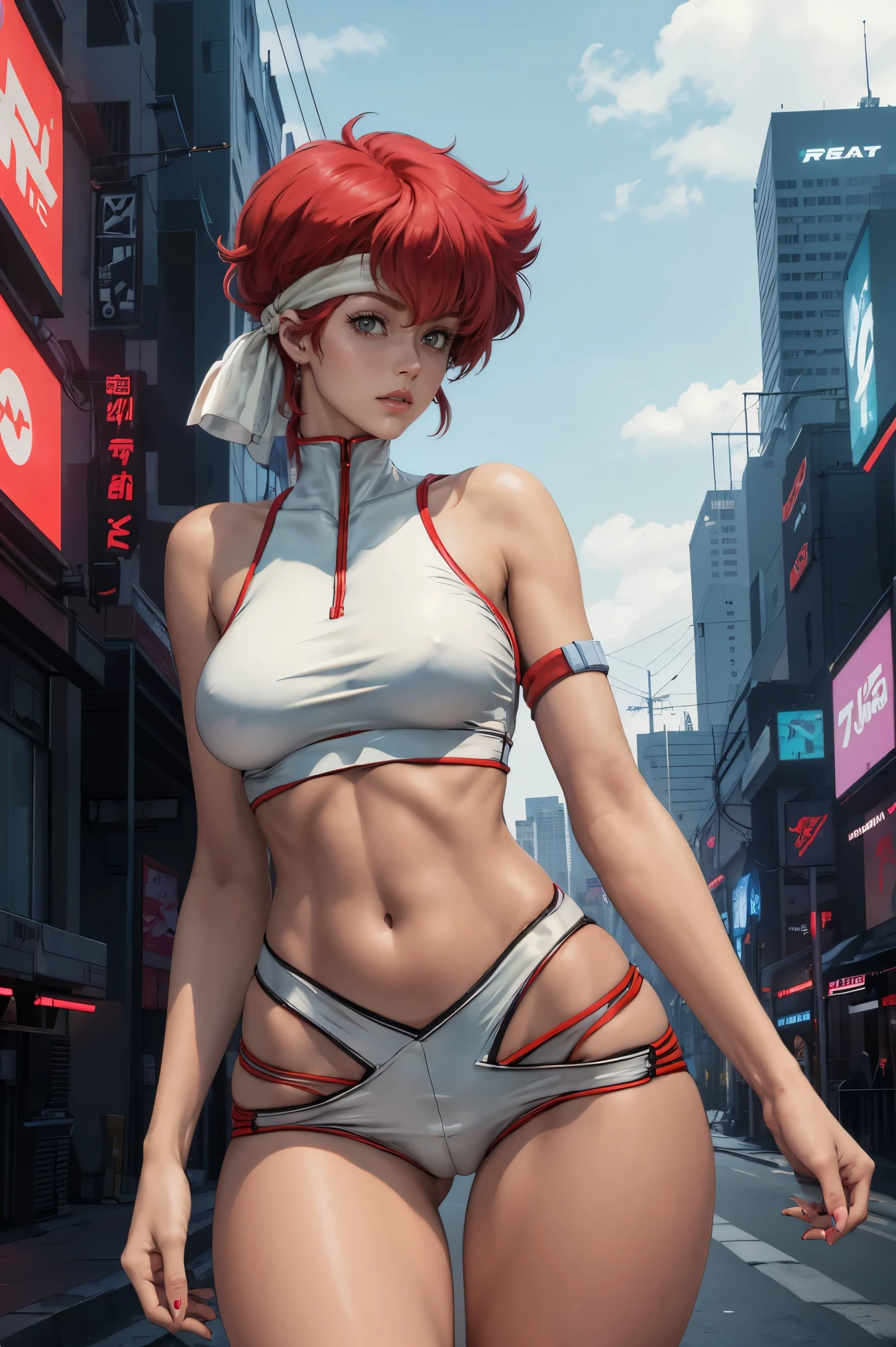 Very skinny Kei from The Dirty Pair, emaciated, wearing a tight  outfit, skinny frame, skinny legs, medium breast, red hair beauty, cyberpunk city background, holding retro space-gun, headband, slim waist, very slim thighs, very skinny thighs, very thin thighs, very slender thighs, lanky, thigh gap, thigh gap, 