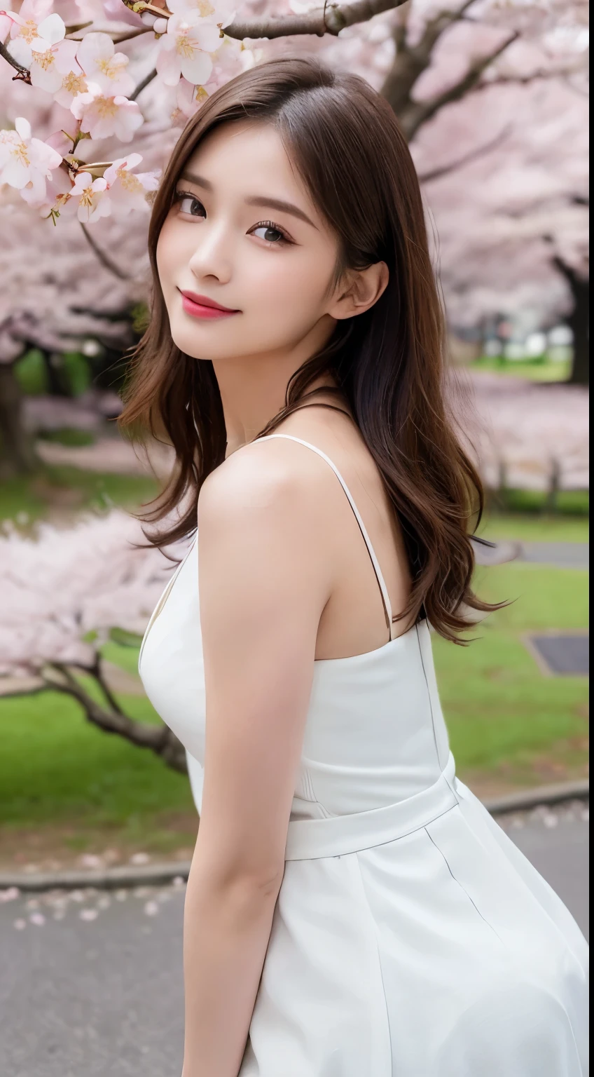 ((highest quality, 8k, masterpiece:1.3)), concentrated: 1.2, perfect body beauty: 1.4, buttocks: 1.2, ((bob hair, chest: 1.2)), (sexy outfit: 1.1) , (Cherry Blossom Scenery:1.3), white dress: 1.1, Highly detailed face and skin texture, delicate eyes, double eyelid, whitened skin,smile,bright hair color