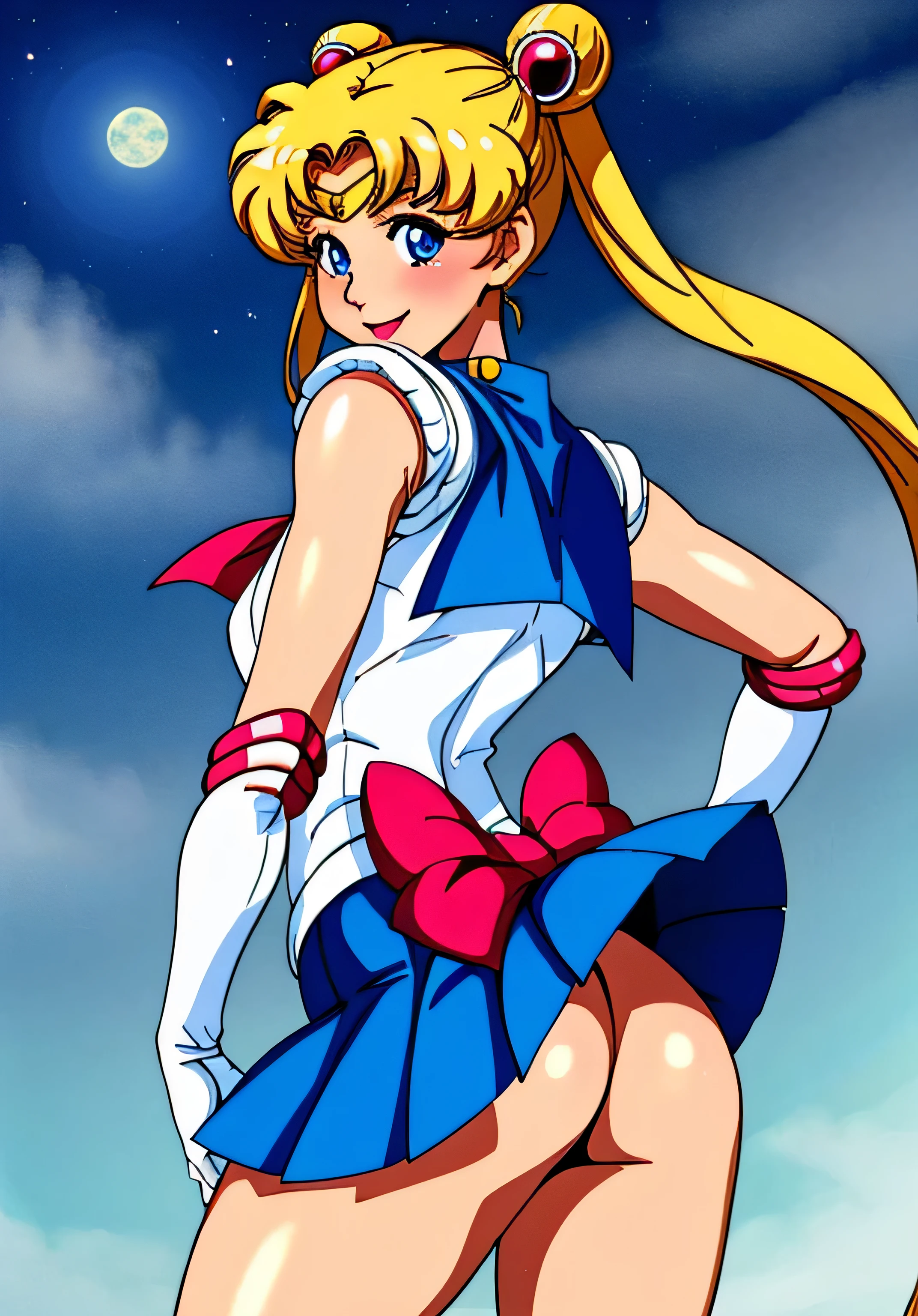 masterpiece, best quality, absurdres, perfect antomy, 1girl, solo, SMMoon, 1990s \(style\), blonde sailor moon, (small breast) standing, smile, cowboy shot, sailor senshi uniform, sailor collar, blue skirt, elbow gloves, in back pose, show her booty, backwards, no thong, big booty, ultra mini skirt, (detailed:1.3), ultra high res, ultra detailed, Highly detailed face and skin texture, detailed eyes, double eyelids, dynamic light, (HIGHLY DETAILED FACE) in back pose, show her booty, backwards, (both hands on her butt), lifting her little skirt. BOOTY NO THONG, (WIND LIFTING THE SKIRT)