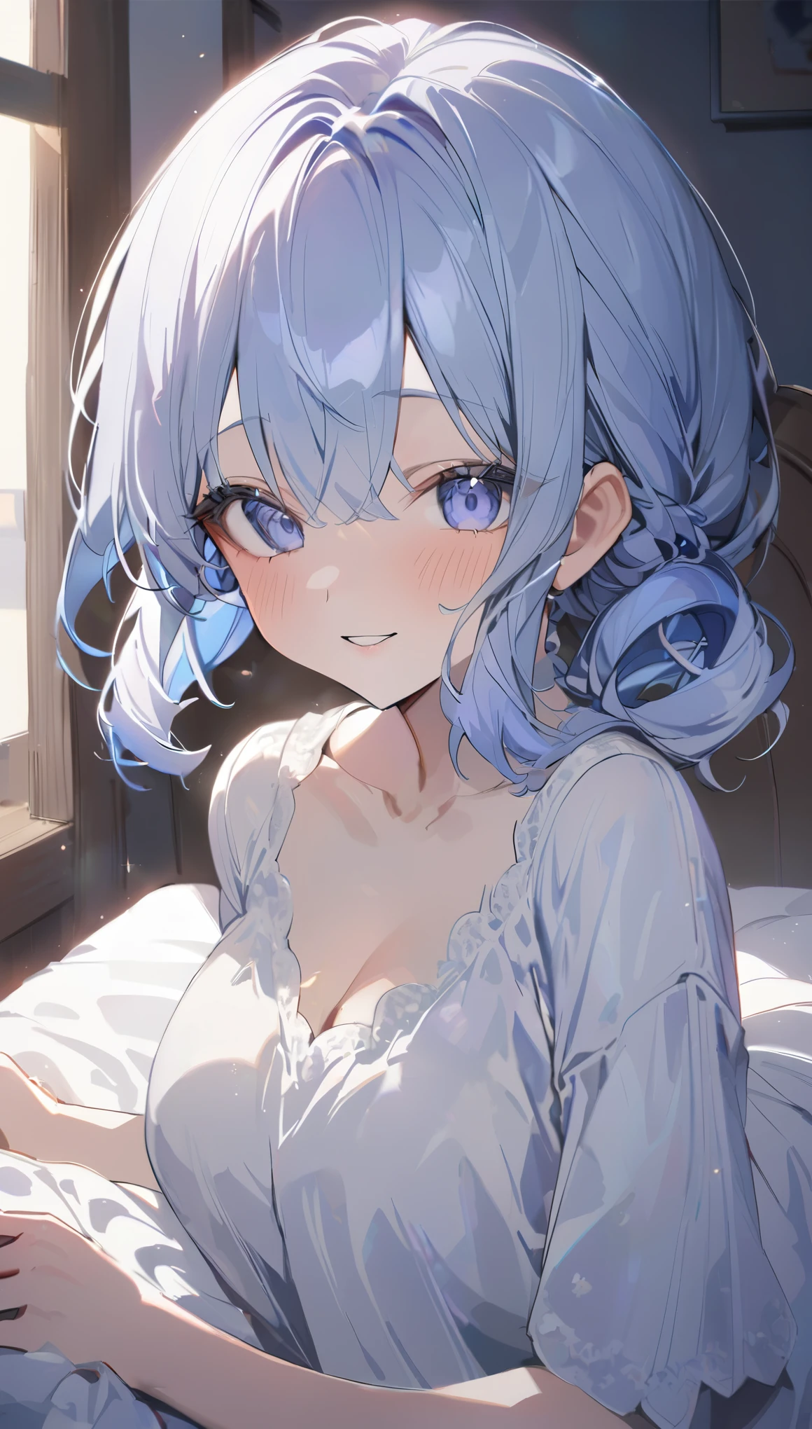 ayaka, long blue hair, beautiful face,smiling,close up to hips, moderate breast, sleeping on beds, wearing beautiful white pajamas, (open mouth:0.4),illustration,detailed textures(realists),ultra-detailed,portrait style,vivid colors,soft lighting, blushing, mature, no bras, hair fluttering, sagging breasts