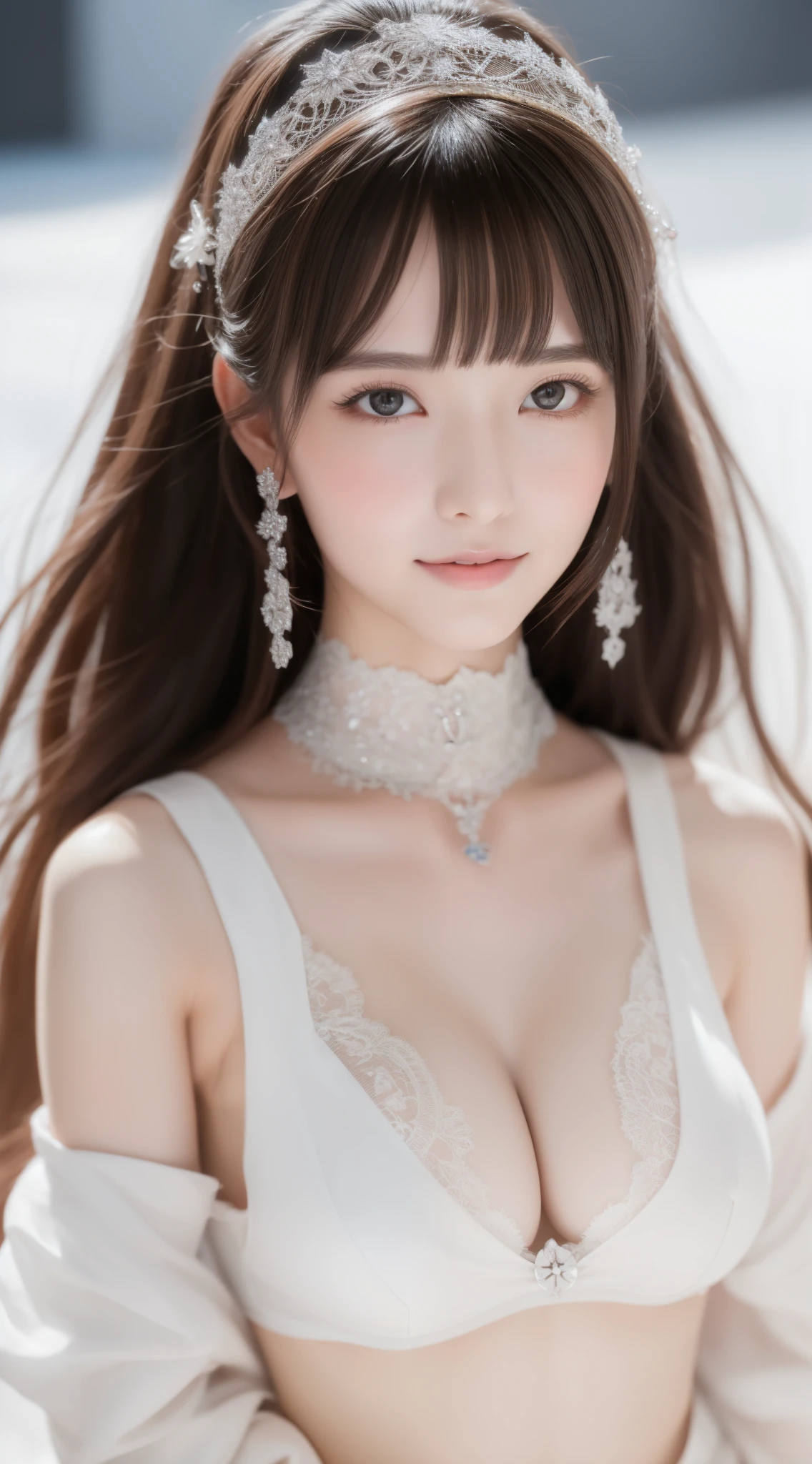 perfect figure beautiful girl:1.4, ****ars old, smile, cleavage, huge breast Layered Hair Style, (Cleric:1.5), Jewelry Decoration, veil, Highly Detailed Face and Skin Textur, double-edged eyelid, Whiten the skin, long hair,  (background snow plains), diamond dust,