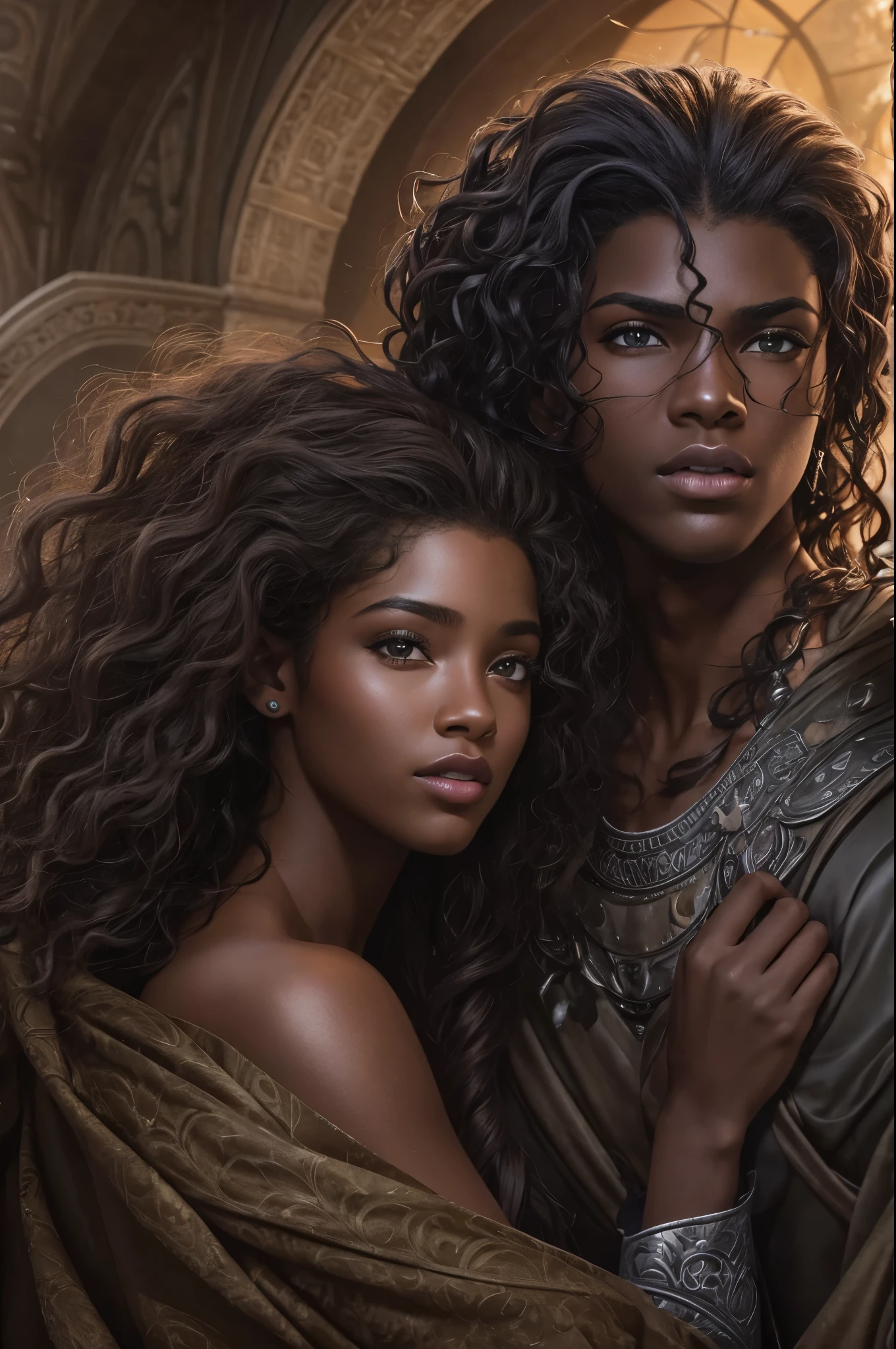 Je veux que tu me fasses une couverture pour un roman Fantasy romance, ces deux personnages sont noirs de peau, dark skin, ils ont 17 ans, ils sont des ennemis, ils veulent s'entretuer, surtout lui, elle, she mainly defends herself but her goal is to save him at all costs too. Le garçon est dark skin, with curly mid-length hair, the girl has long curly hair. They are very beautiful.
extrêmement realistic, coverbook, 8K, realistic.HD, 4K, HD, De vrais visages, Cinematography L&#39;image doit avoir un rapport hauteur/largeur de 1:1.6, et mesurez au moins 2,500 pixels on the longest side.