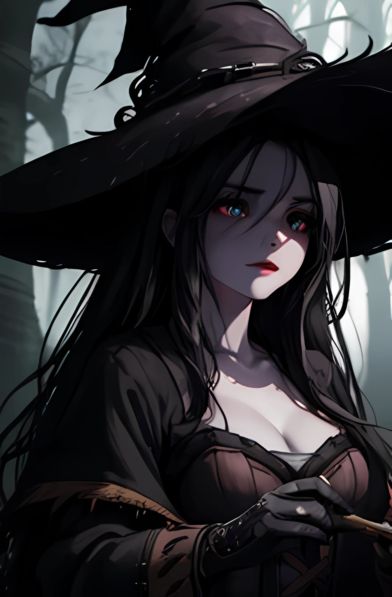 1 girl, upper body, single focus, wicked beauty, witch-like attire, piercing gaze, (witch's cauldron: 1.4), (haunted forest: 1.3), pale skin, dark aura, [depth of field, ambient lighting, misty forest foreground, sinister forest background], haunted woods, dark incantations, swirling fog, (haunted tree), (witch's broomstick: 1.2), intricate details, enhanced lighting.