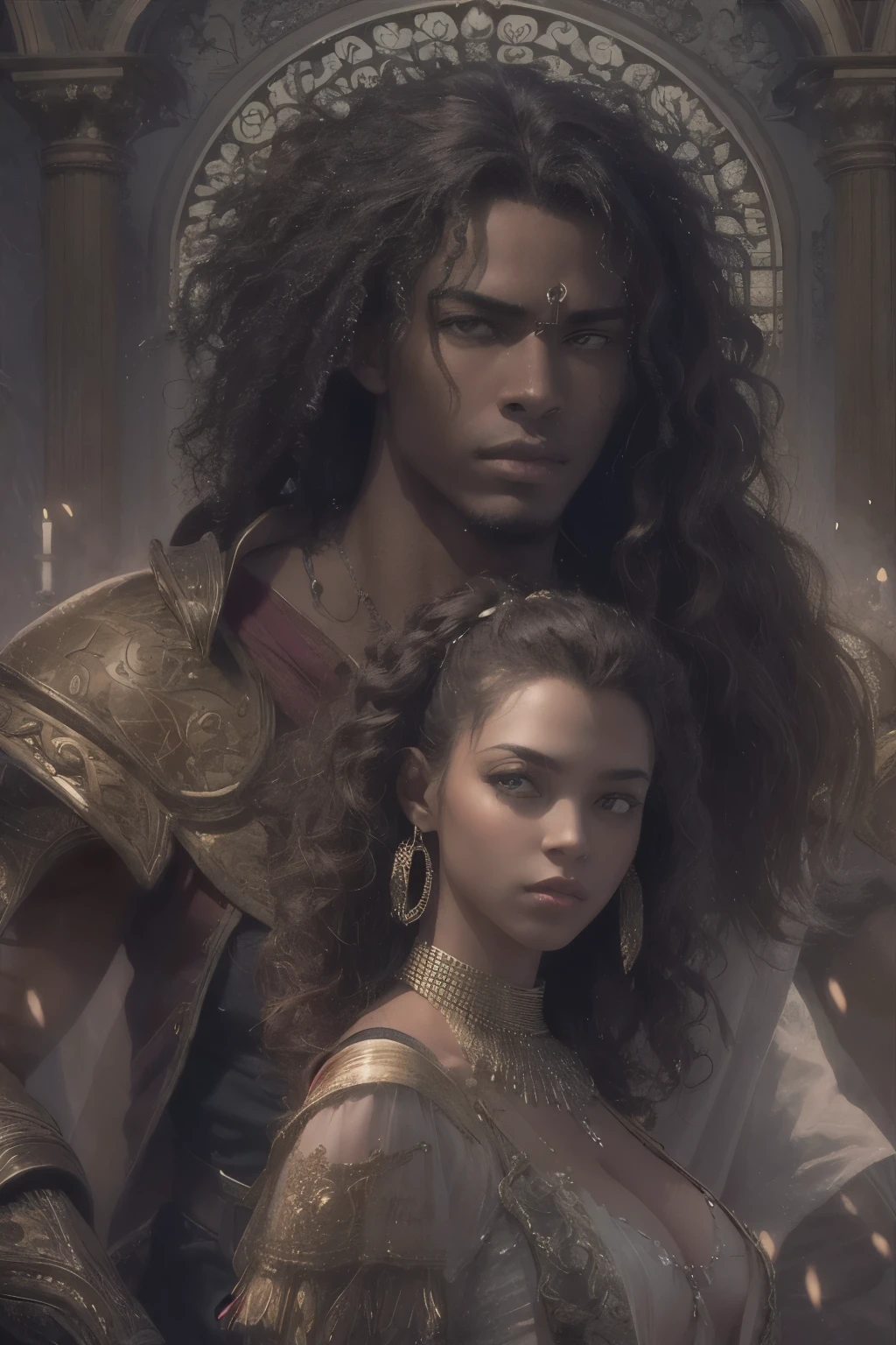 Je veux que tu me fasses une couverture pour un roman Fantasy romance, ces deux personnages sont noirs de peau, dark skin, ils ont 17 ans, ils sont des ennemis, ils veulent s'entretuer, surtout lui, elle, she mainly defends herself but her goal is to save him at all costs too. Le garçon est dark skin, with curly mid-length hair, the girl has long curly hair. They are very beautiful.
extrêmement realistic, coverbook, 8K, realistic.HD, 4K, HD, De vrais visages, Cinematography L'image doit avoir un rapport hauteur/largeur de 1:1.6, et mesurez au moins 2,500 pixels on the longest side.