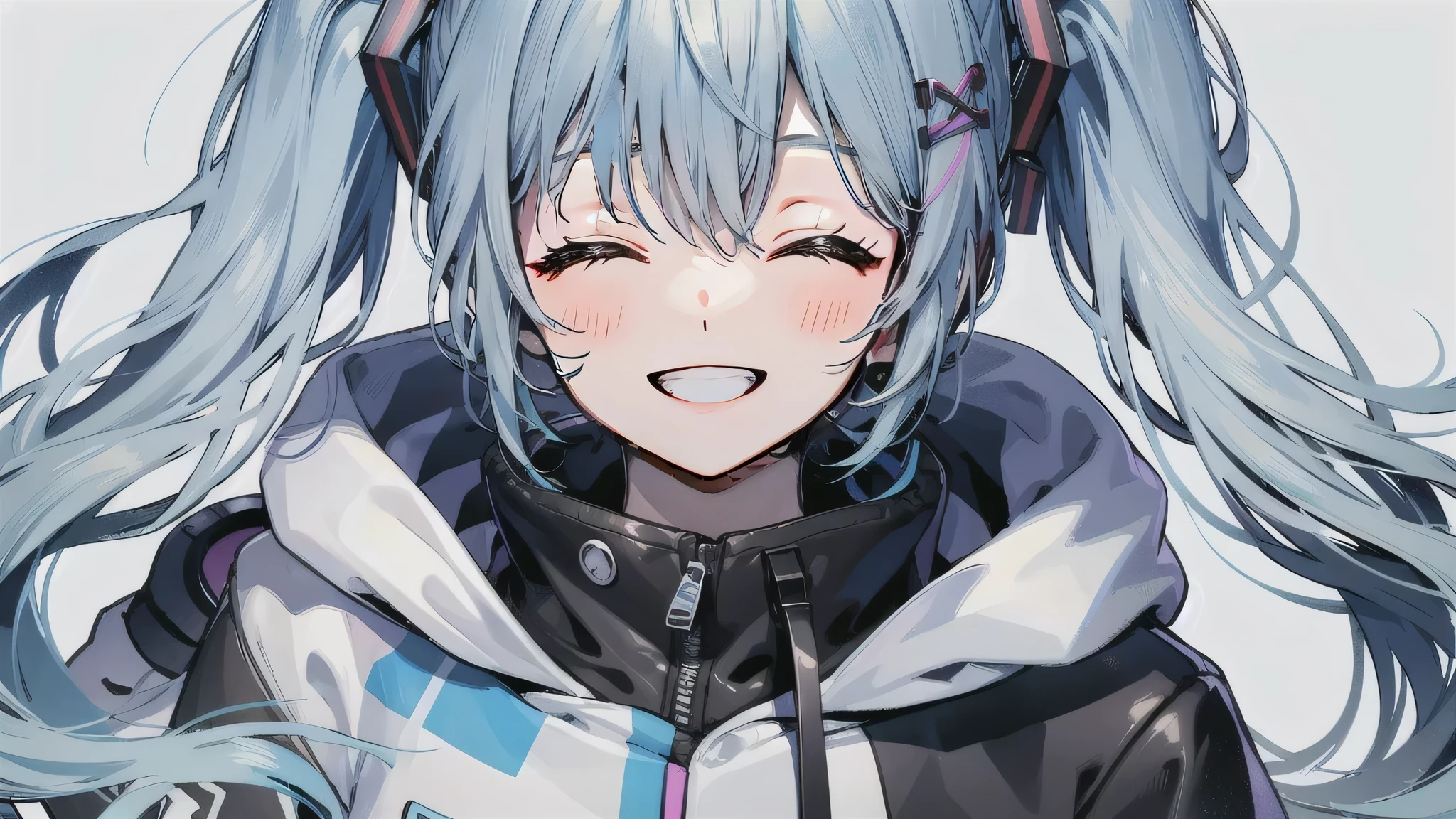 Anime girl with long hair and blue eyes wearing a black jacket - SeaArt AI