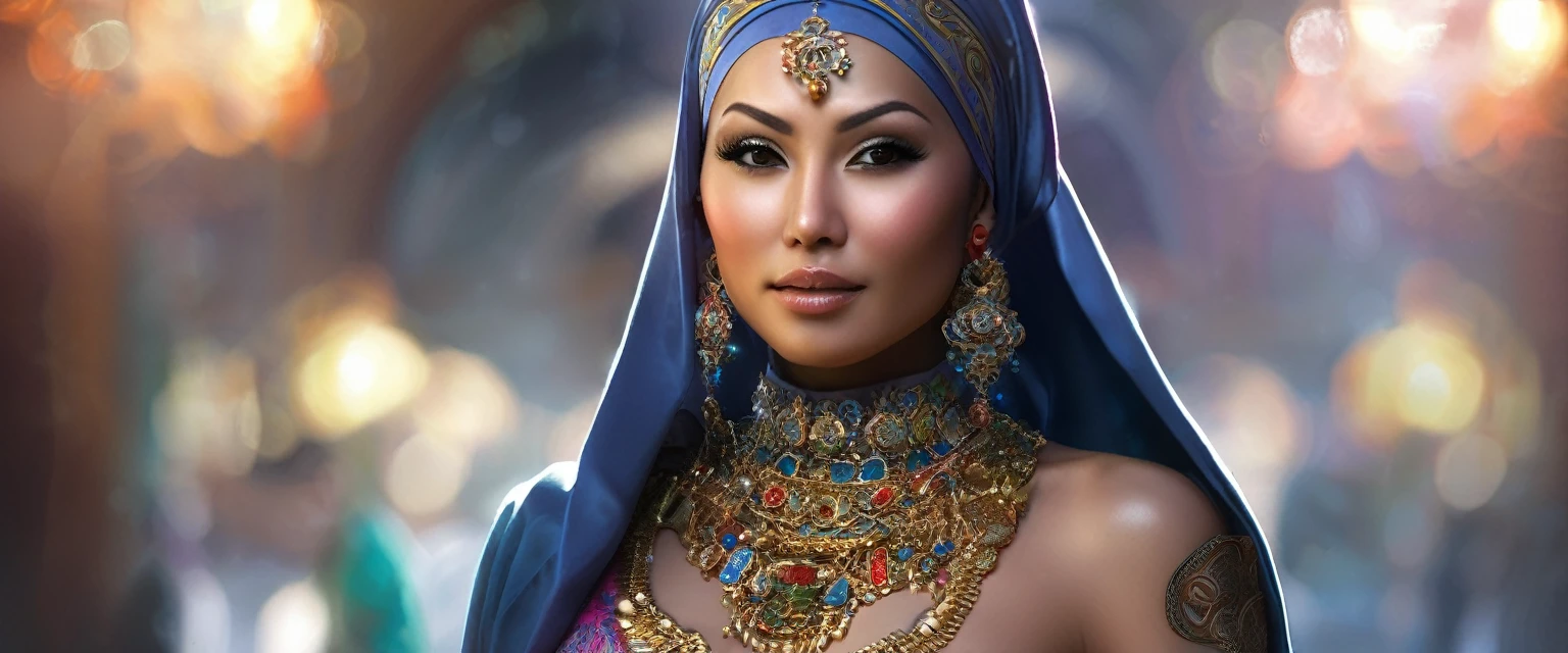 (busty malaysian woman:1.1, age 40:1.1, hijab no hair showing:1.1, athletic:1.1, many chains jewels and charms, wielding magic weapons), final showdown against a jeweled dragon, (best quality:1.2), ultra-detailed, realistic:1.37, HDR, studio lighting, vivid colors, portraits, sharp focus, physically-based rendering, extreme detail description, professional, bokeh, vibrant color palette, dramatic lighting