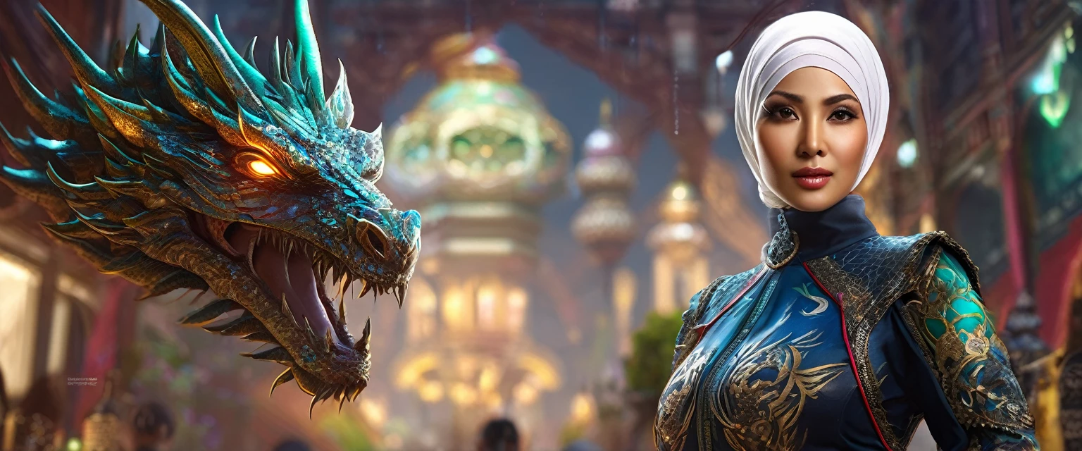 (busty malaysian woman:1.1, age 40:1.1, hijab no hair showing:1.1, athletic:1.1, many chains jewels and charms, wielding magic weapons), final showdown against a jeweled dragon, (best quality:1.2), ultra-detailed, realistic:1.37, HDR, studio lighting, vivid colors, portraits, sharp focus, physically-based rendering, extreme detail description, professional, bokeh, vibrant color palette, dramatic lighting, 