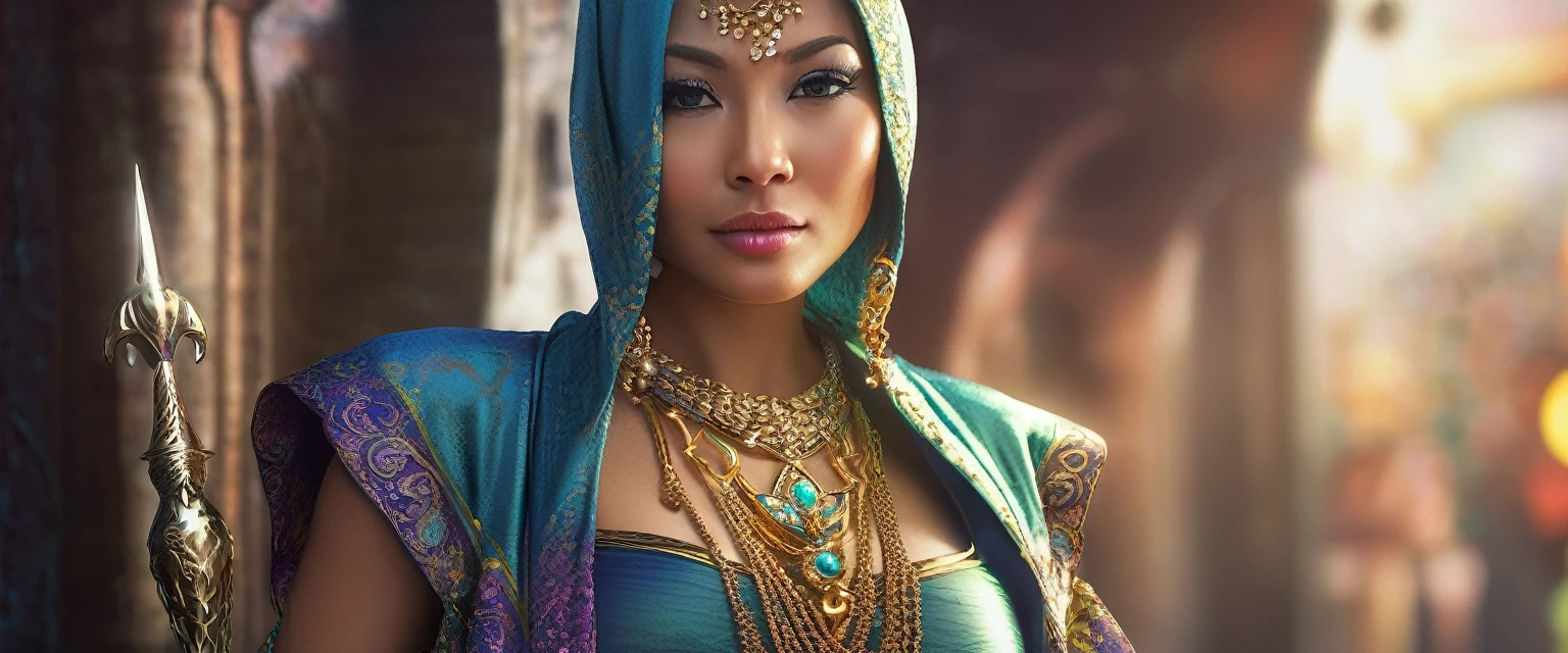 (busty malaysian woman:1.1, age 40:1.1, hijab no hair showing:1.1, athletic:1.1, many chains jewels and charms, wielding magic weapons), final showdown against a jeweled dragon, (best quality:1.2), ultra-detailed, realistic:1.37, HDR, studio lighting, vivid colors, portraits, sharp focus, physically-based rendering, extreme detail description, professional, bokeh, vibrant color palette, dramatic lighting, 