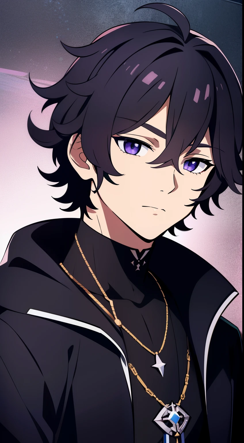 (high-quality, breathtaking),(expressive eyes, perfect face) 1male, male , solo, teenager, short hair length, wavy curly hair, messy hair, white and black hair color, multicolored hair, deep purple eye color, music, mature, haunting twilight background, slightly narrow eyes, hooded jacket, dark purple blue shirt, modern attire, VFlower Vocaloid Male Version, silver star necklace, detailed eyes, portrait, headshot,