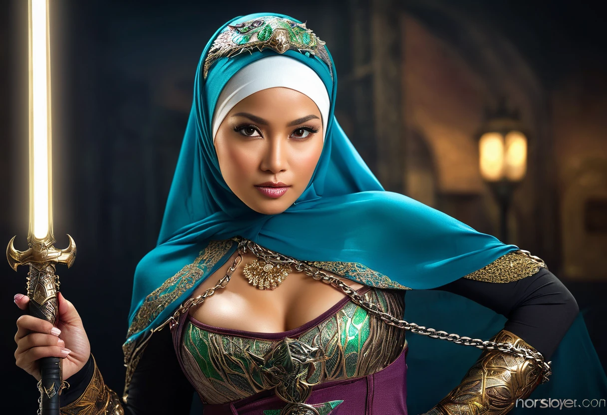 (busty malaysian woman:1.1, age 40:1.1, hijab no hair showing:1.1, athletic:1.1, many chains jewels and charms, wielding magic weapons), final showdown against a jeweled dragon, (best quality:1.2), ultra-detailed, realistic:1.37, HDR, studio lighting, vivid colors, portraits, sharp focus, physically-based rendering, extreme detail description, professional, bokeh, vibrant color palette, dramatic lighting