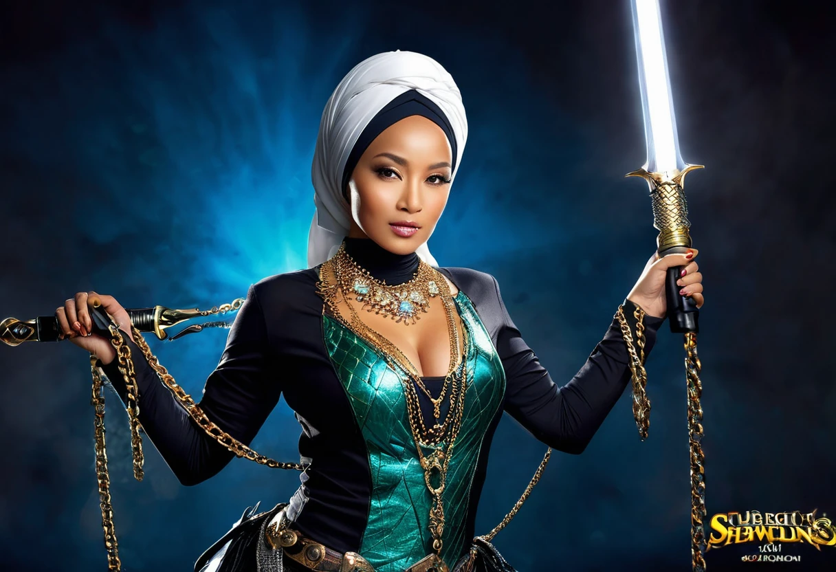 (busty malaysian woman:1.1, age 40:1.1, hijab no hair showing:1.1, athletic:1.1, many chains jewels and charms, wielding magic weapons), final showdown against a jeweled dragon, (best quality:1.2), ultra-detailed, realistic:1.37, HDR, studio lighting, vivid colors, portraits, sharp focus, physically-based rendering, extreme detail description, professional, bokeh, vibrant color palette, dramatic lighting