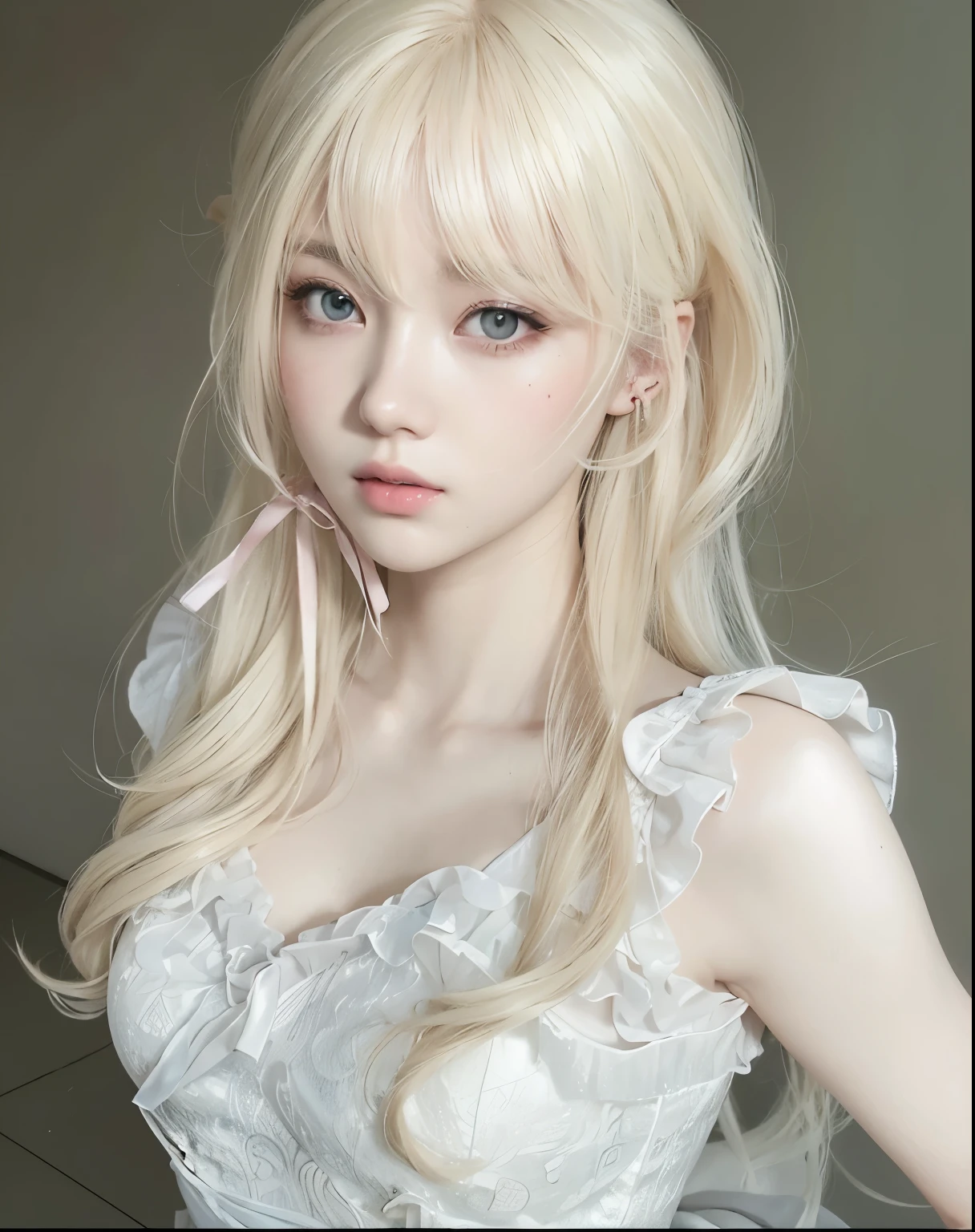blonde girl with long hair and pink bow in white dress, Guweiz, artwork in the style of Guweiz, Retrato realista kawaii, anime fotorrealista girl render, Guweiz on pixiv artstation, jovem anime realista, pale milky white porcelain skin, anime fotorrealista, estilo anime 3 d realista, Guweiz on artstation pixiv