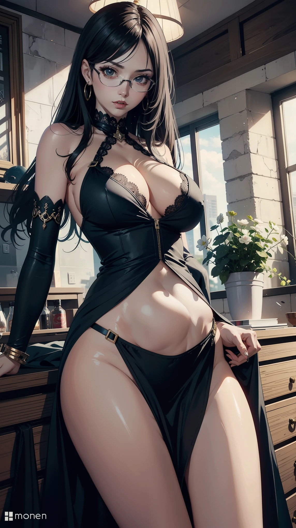 Masterpiece, high quality, 8k, ultra detail, dynamic angle, dynamic poses,(strict dress), (large breast), (cleavage), (bare thigh), (bayonetta make up)