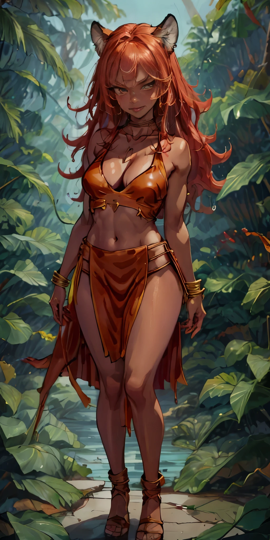 leather collar(Best quality, 4k, Masterpiece :1.3), full body standing symmetrical beautiful woman, hyper realistic, 1girl, (drooping breasts, attractive body :1.2), sit-ups :1.1, short red hair: 1.1, (wet rainy, wet by rain, wet body :1.2), ultra-detailed face, detailed lips, detailed eyes, double eyelid, low-necked dress, open neckline, hanging breasts, side pose, visible curves, pool , poolside, red transparent robe, red sunglasses, muscular turned arms behind body, leather collar, golden bracers