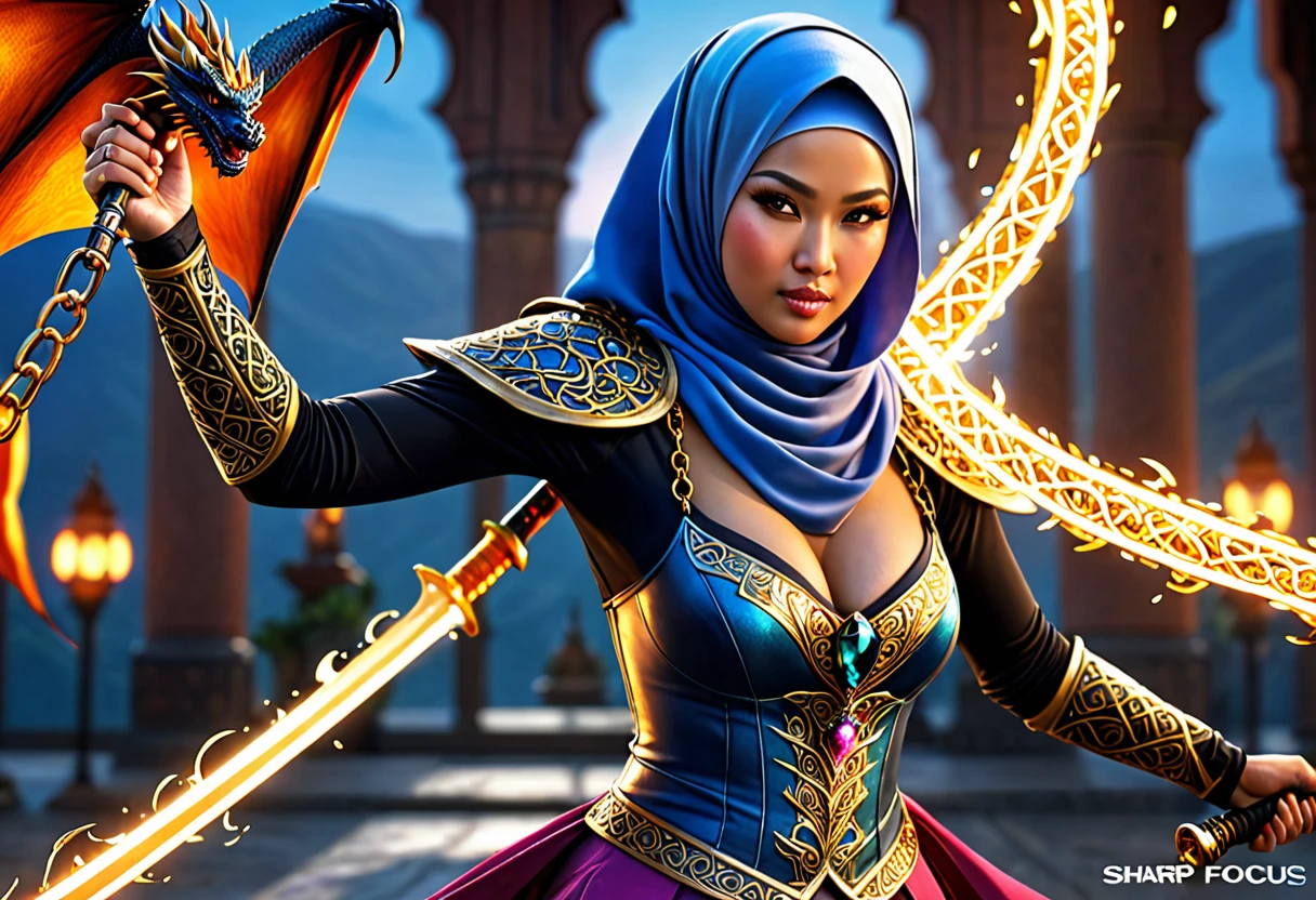 (busty malaysian woman:1.1, age 40:1.1, hijab no hair showing:1.1, athletic:1.1, many chains jewels and charms, wielding magic weapons), final showdown against a jeweled dragon, (best quality:1.2), ultra-detailed, realistic:1.37, HDR, studio lighting, vivid colors, portraits, sharp focus, physically-based rendering, extreme detail description, professional, bokeh, vibrant color palette, dramatic lighting, show their fiery battle
