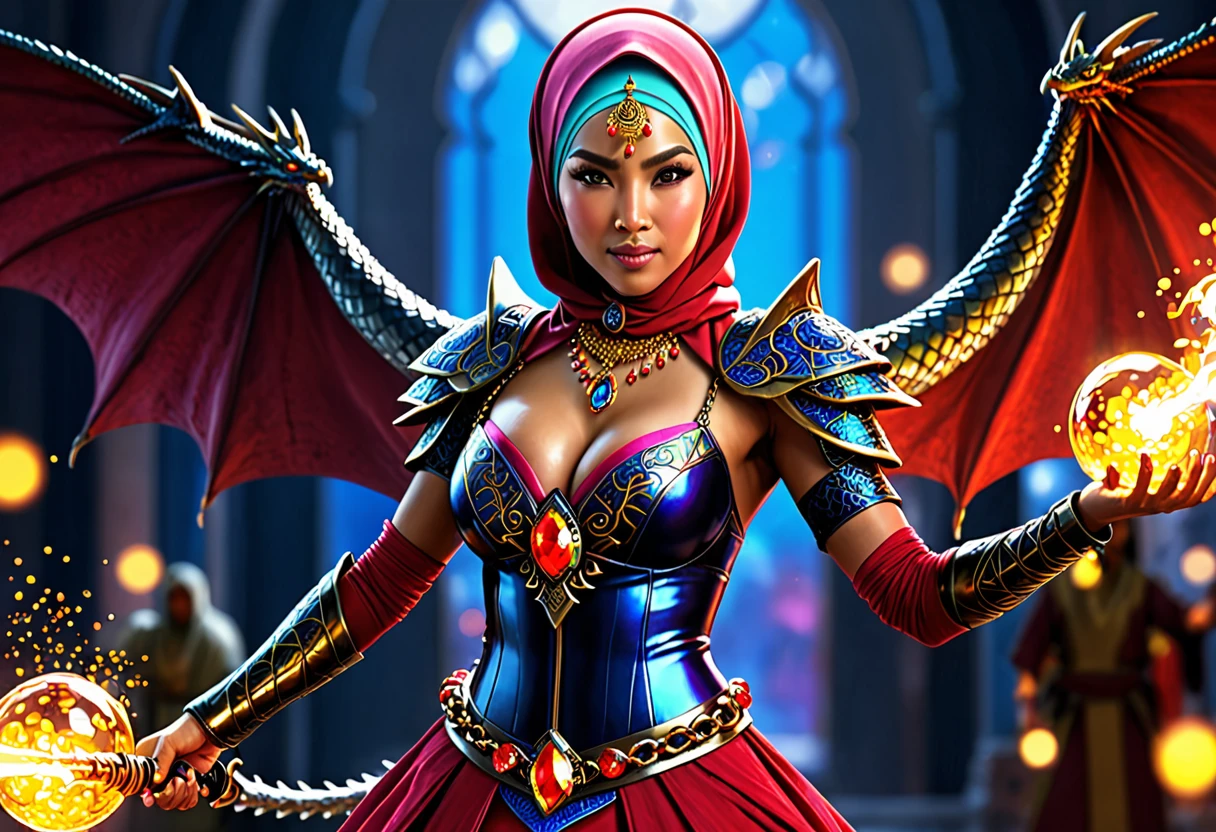 (busty malaysian woman:1.1, age 40:1.1, hijab no hair showing:1.1, athletic:1.1, many chains jewels and charms, wielding magic weapons), final showdown against a jeweled dragon, (best quality:1.2), ultra-detailed, realistic:1.37, HDR, studio lighting, vivid colors, portraits, sharp focus, physically-based rendering, extreme detail description, professional, bokeh, vibrant color palette, dramatic lighting, show their fiery battle